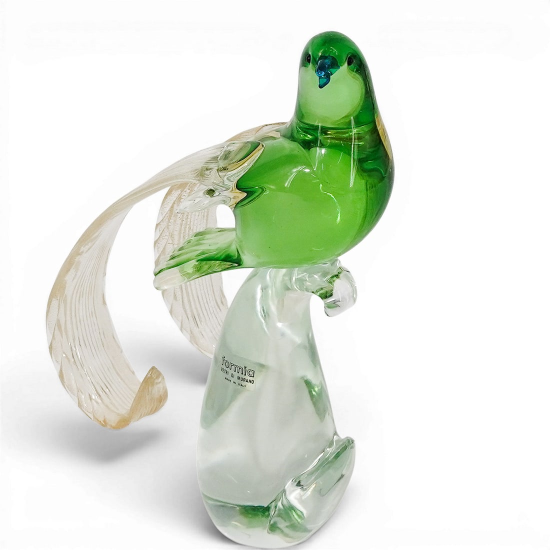 Murano Formia "Emperor Bird-of-Paradise" Glass Bird Figurine: Murano Formia "Emperor Bird-of-Paradise" Glass Bird Figurine Late 20th Century, Italy Murano Formia “Emperor Bird-of-Paradise” glass figurine featuring a vibrant green bird with elongated