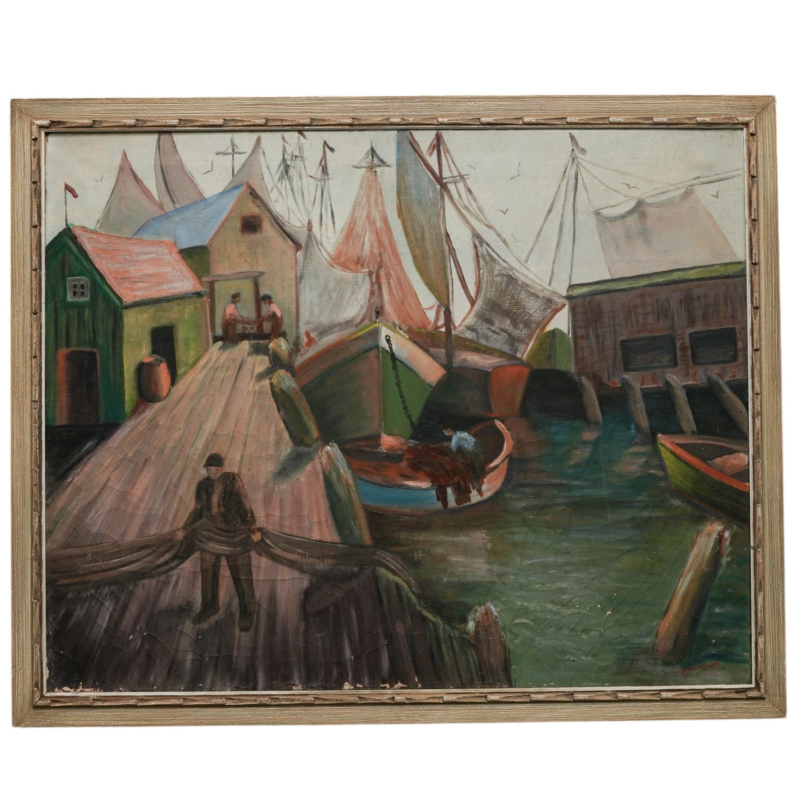 Sophie M. Jarvis "Dock scene with Fishermen Hauling Nets" Painting (1 of 9)