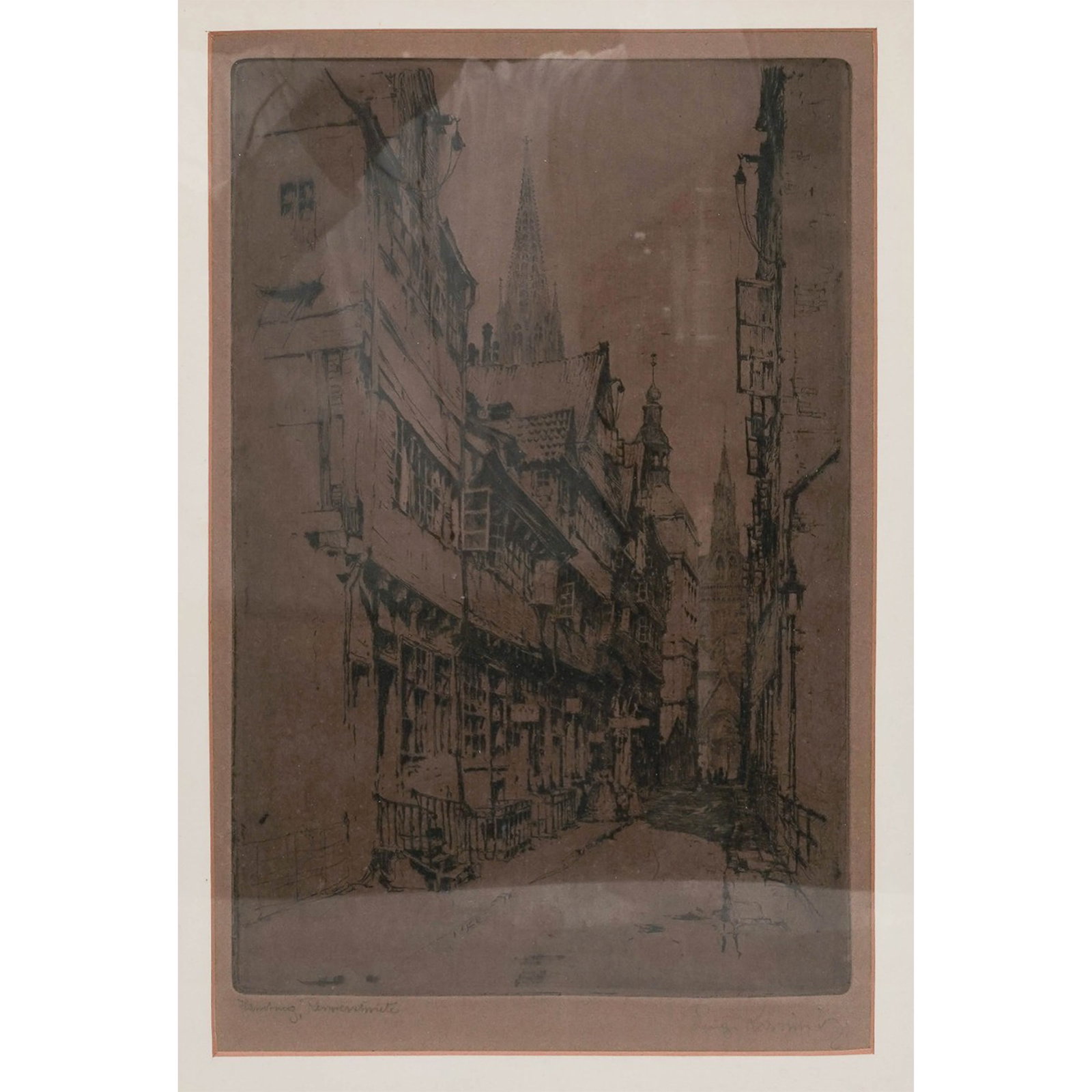 Luigi Kasimir (Austrian/Hungarian, 1881-1962) 'Hamburg Reimerstwiete' Etching on Paper: Luigi Kasimir (Austrian/Hungarian, 1881-1962) 'Hamburg Reimerstwiete' Etching on Paper Early 20th Century, Austria Atmospheric architectural etching by Luigi Kasimir depicting a narrow European