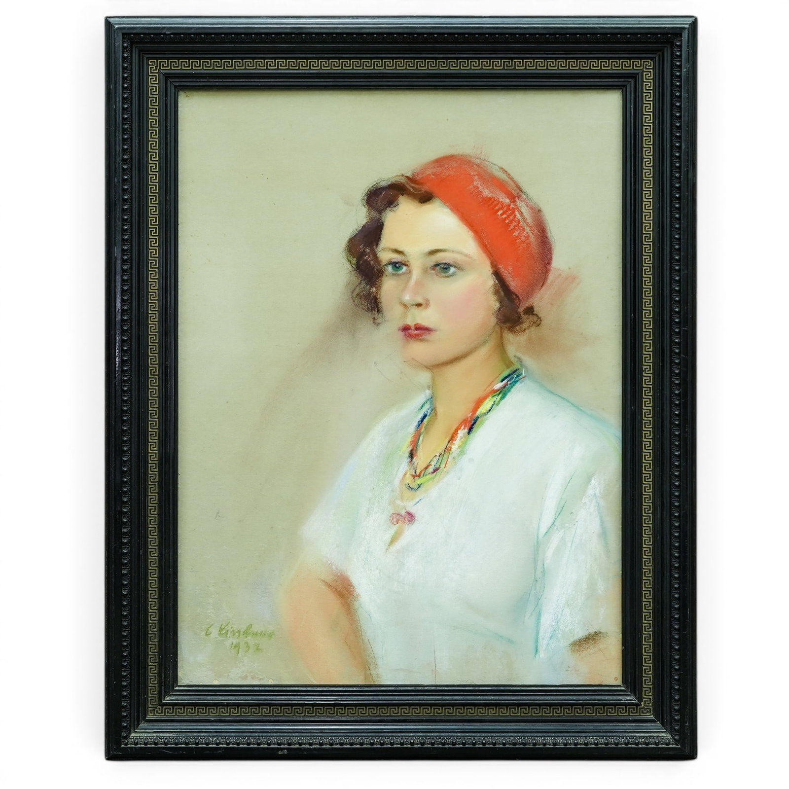 Framed Pastel Portrait of the Countess Almeida of Austria: Framed Pastel Portrait of the Countess Almeida of Austria 1932 Pastel drawing on board depicting a portrait of a woman wearing a light top with a colorful necklace and red hat. It is signed illegibly