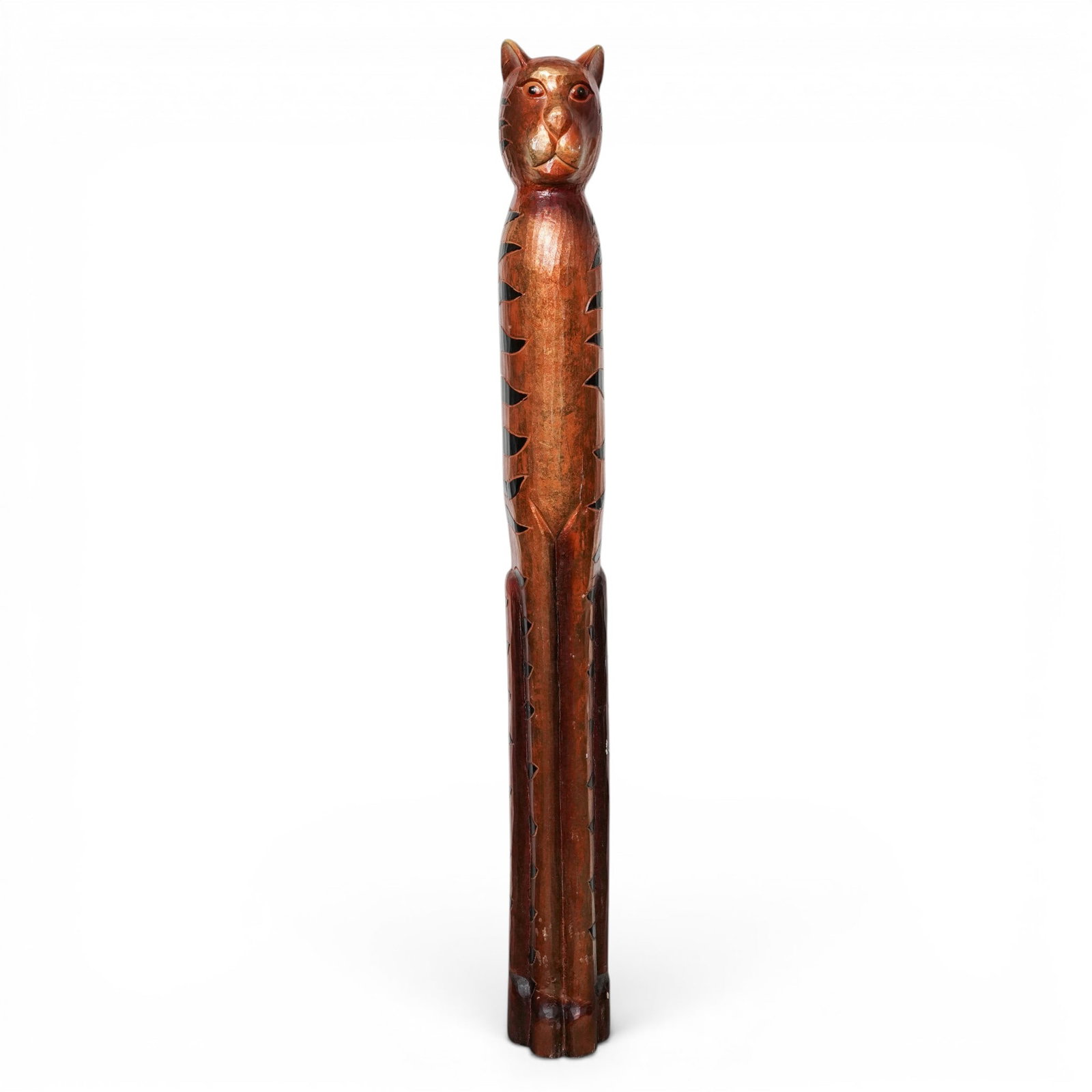 Vintage Tall Folk Art Carved Wood Tiger Sculpture: Vintage Tall Folk Art Carved Wood Tiger Sculpture Mid-20th Century Whimsical folk art carved wood tiger sculpture with elongated form, hand-painted facial details, and striped body accents. Finished