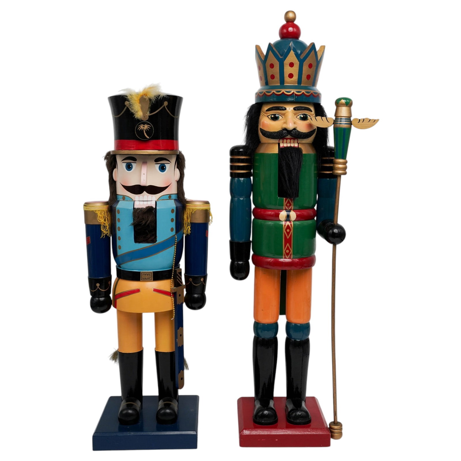 (2 pc) Vintage Wood Nutcrackers: (2 pc) Vintage Wood Nutcrackers 20th Century A two piece set of vintage nutcrackers, including a rare Traditions Wooden king nutcracker with crown and staff and a Christmas Soldier figure. Both