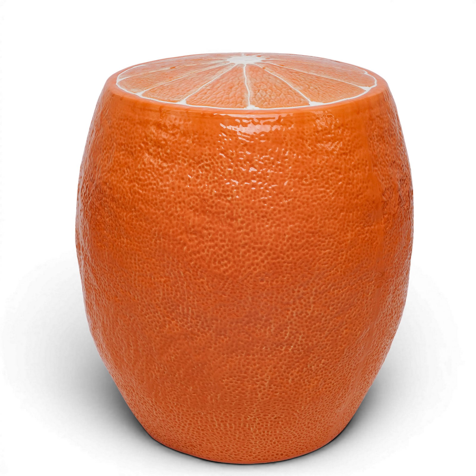 Vintage Ceramic Orange Stool: Vintage Ceramic Orange Stool 21st Century, USA Whimsical glazed ceramic garden stool modeled as a textured orange with segmented fruit-form top. Finished in vibrant orange glaze with realistic citrus