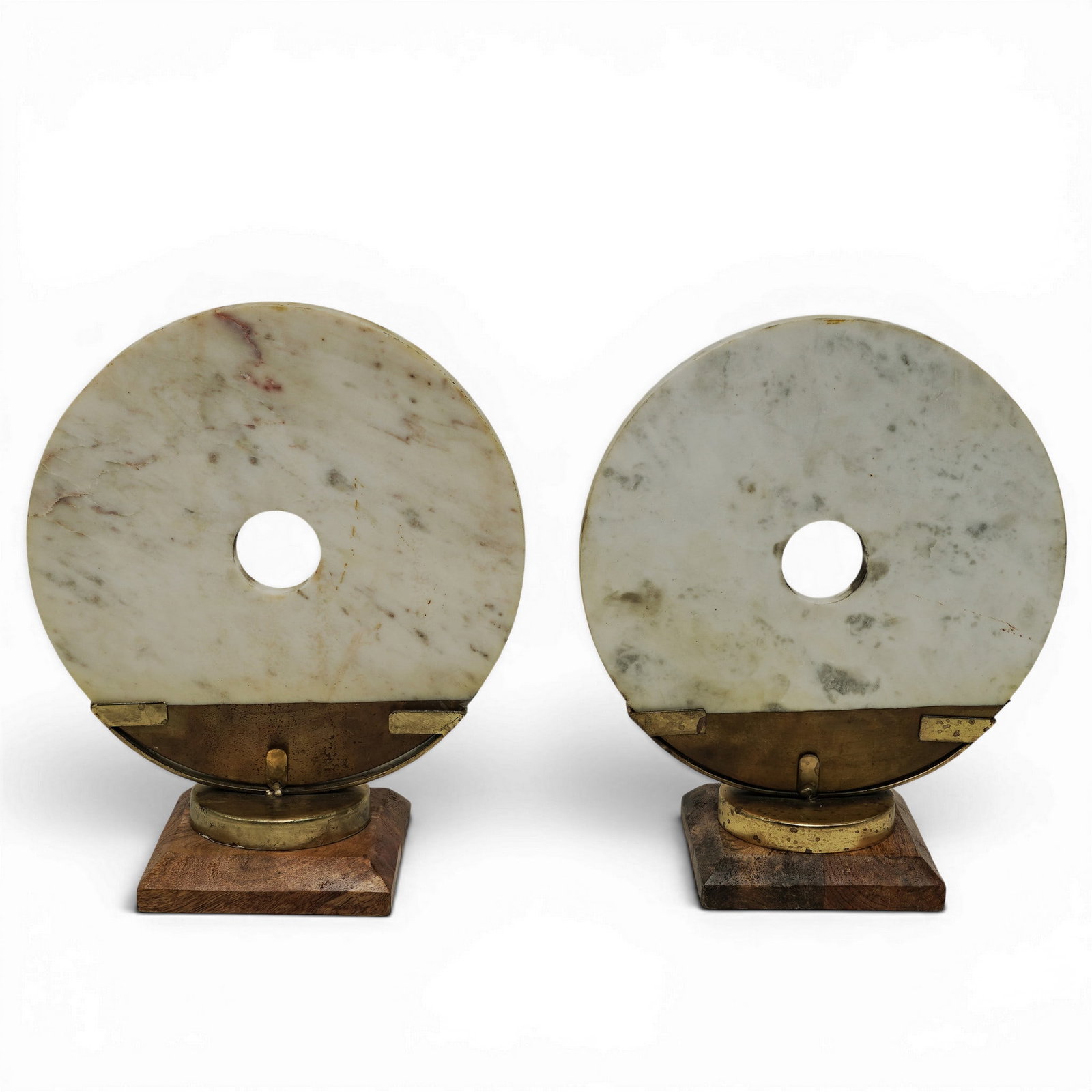Pair of Vintage Marble Discs on Brass & Wood Sculptures (1 of 6)