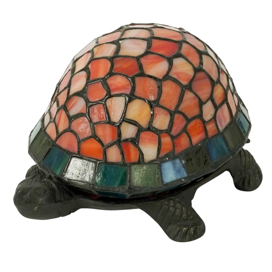 Vintage Stained Glass Turtle Lamp: Vintage Stained Glass Turtle Lamp Mid-20th Century, USA Vintage stained glass turtle lamp featuring a domed mosaic shade in warm orange, amber, and cream tones with multicolor glass border accents.