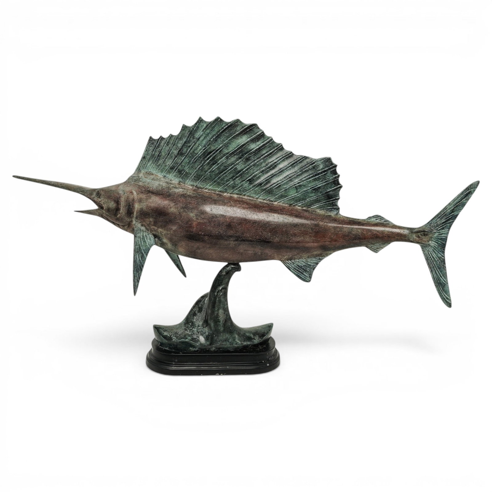 Vintage Bronze Swordfish Sculpture: Vintage Bronze Swordfish Sculpture Late 20th Century, Continental Patinated bronze swordfish sculpture depicting the fish in dynamic swimming form with extended bill, raised dorsal fin, and detailed