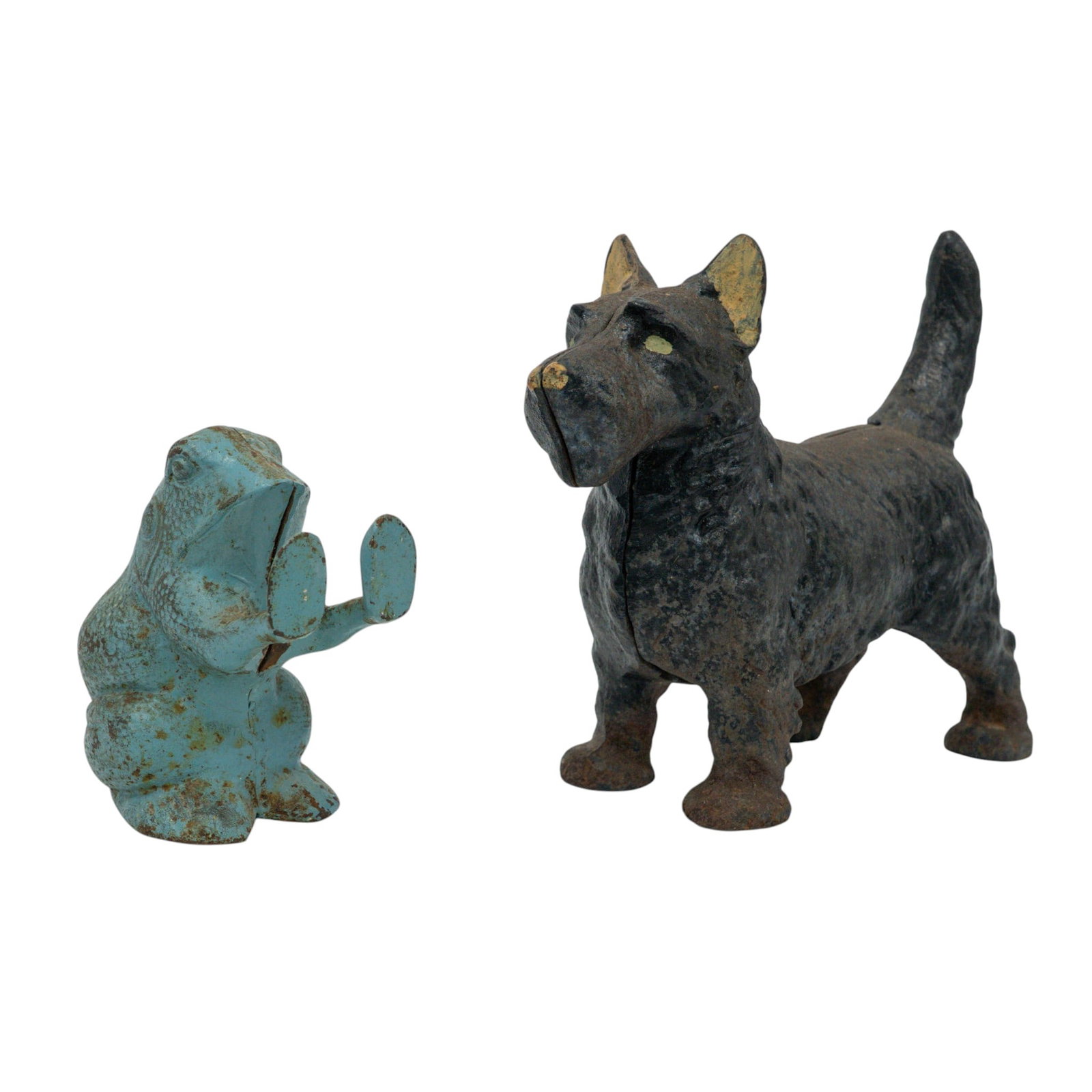 (2 pc) Cast Iron Frog & Scottish Terrier Dog Doorstoppers: (2 pc) Cast Iron Frog & Scottish Terrier Dog Doorstoppers 20th century, USA The lot features: (1) Cast Iron Frog doorstopper, sitting upright, it has light blue-green distressed patina finish with a