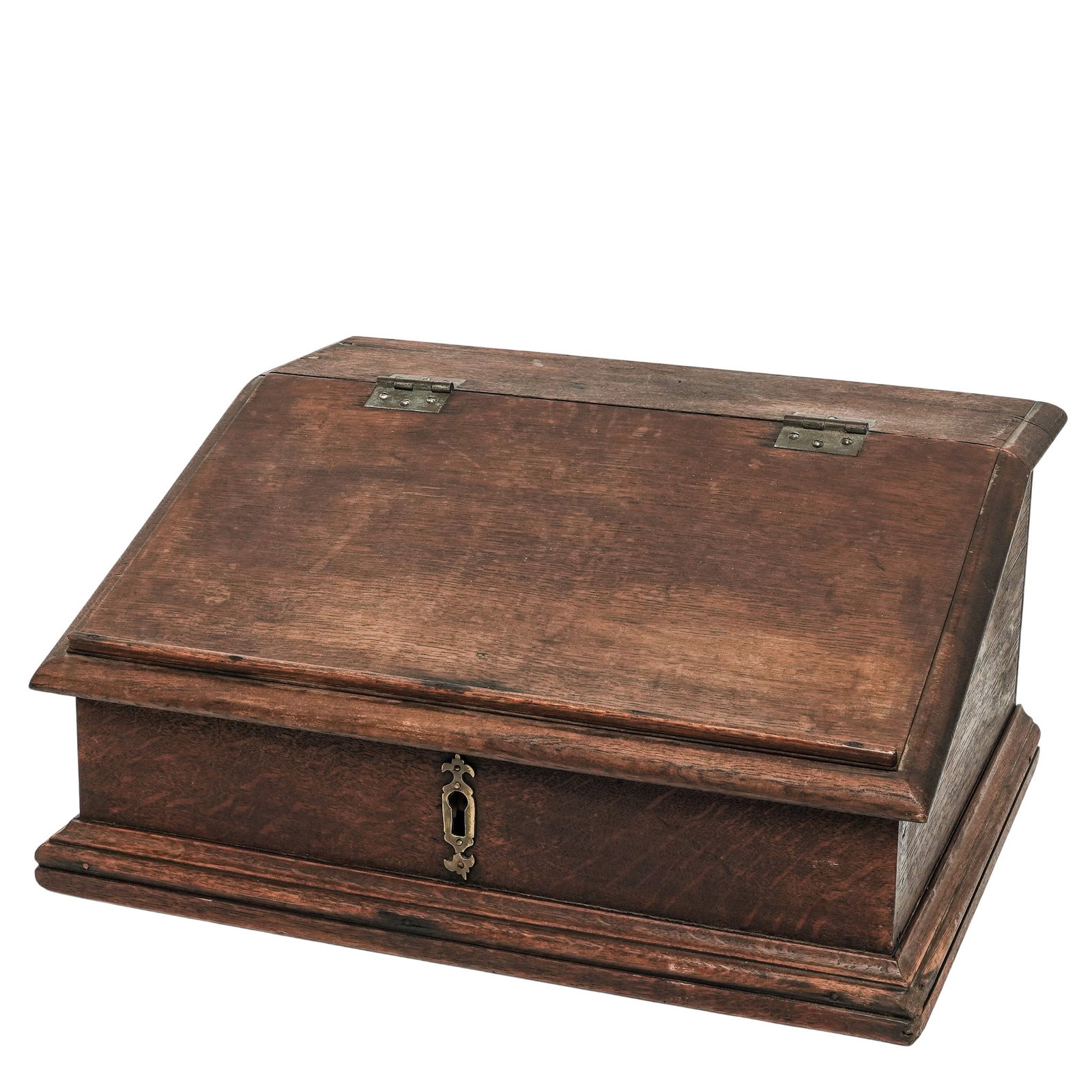 Antique Wooden Slope Desk: Antique Wooden Slope Desk Early 20th Century, Continental Antique oak slope-front writing desk featuring a hinged slant lid, molded base, and three fitted interior storage compartments. Retains