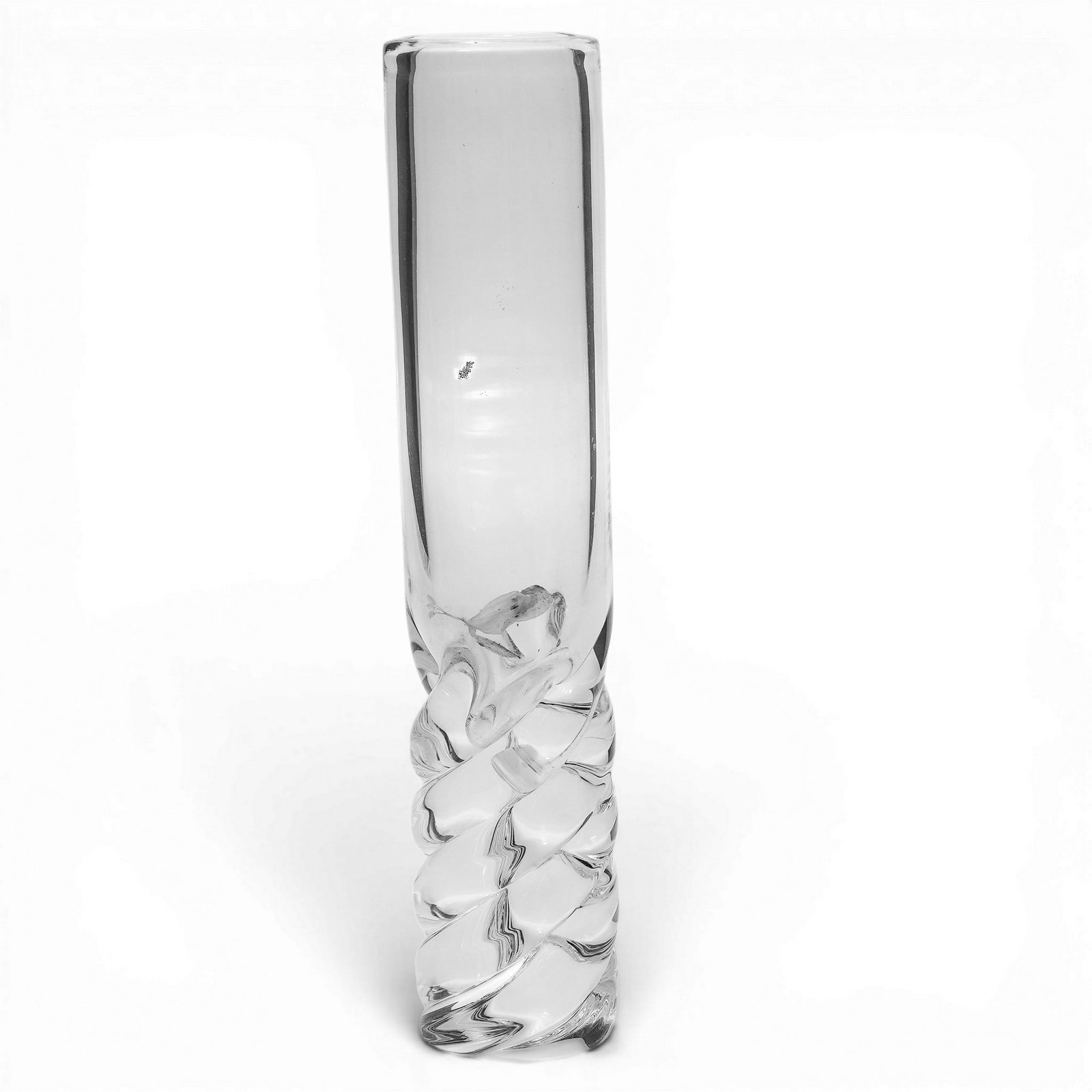 Steuben Glass Twist Bud Vase By David Dowler: Steuben Glass Twist Bud Vase By David Dowler 1985. American This Steuben twist bud vase, designed by prominent artist David Dowler in 1985, features a sleek, minimalist cylindrical upper body that