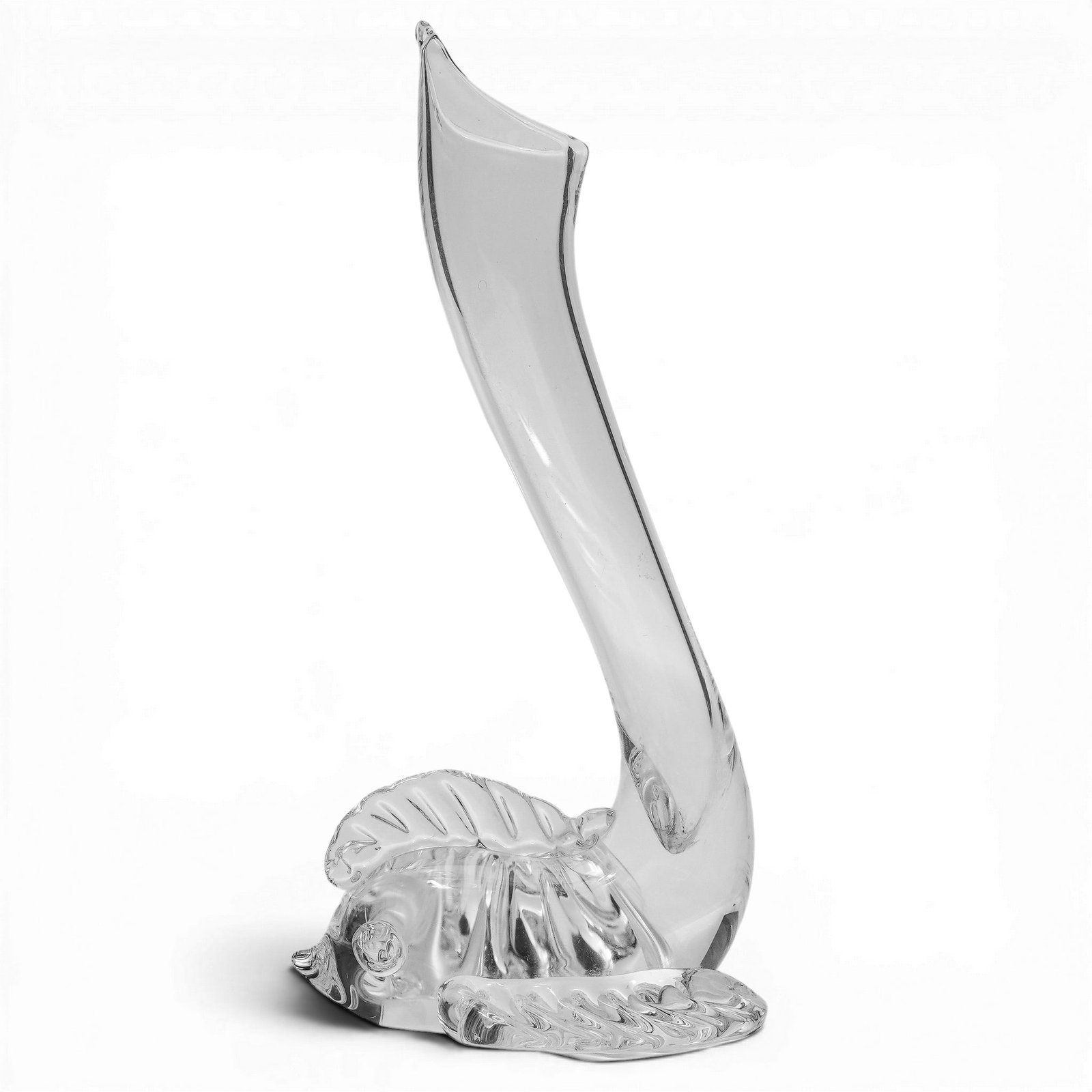Steuben Dolphin Cornucopia Glass Vase: Steuben Dolphin Cornucopia Glass Vase Mid 20th Cent., American A vintage Steuben Dolphin Cornucopia Glass Vase, hand-blown and sculpted, featuring an elongated horn with a dramatically slanted, polish