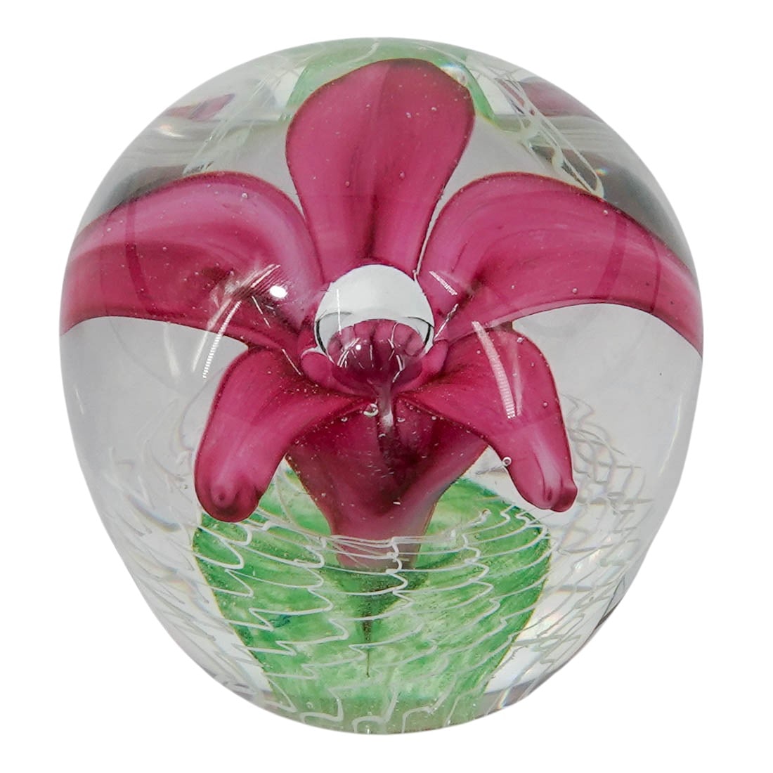 Glass Floral Paperweight: Glass Floral Paperweight 20th Cent., American This glass floral paperweight features a lampworked magenta orchid blossom cradling a central teardrop air bubble. The vibrant flower sprouts from a