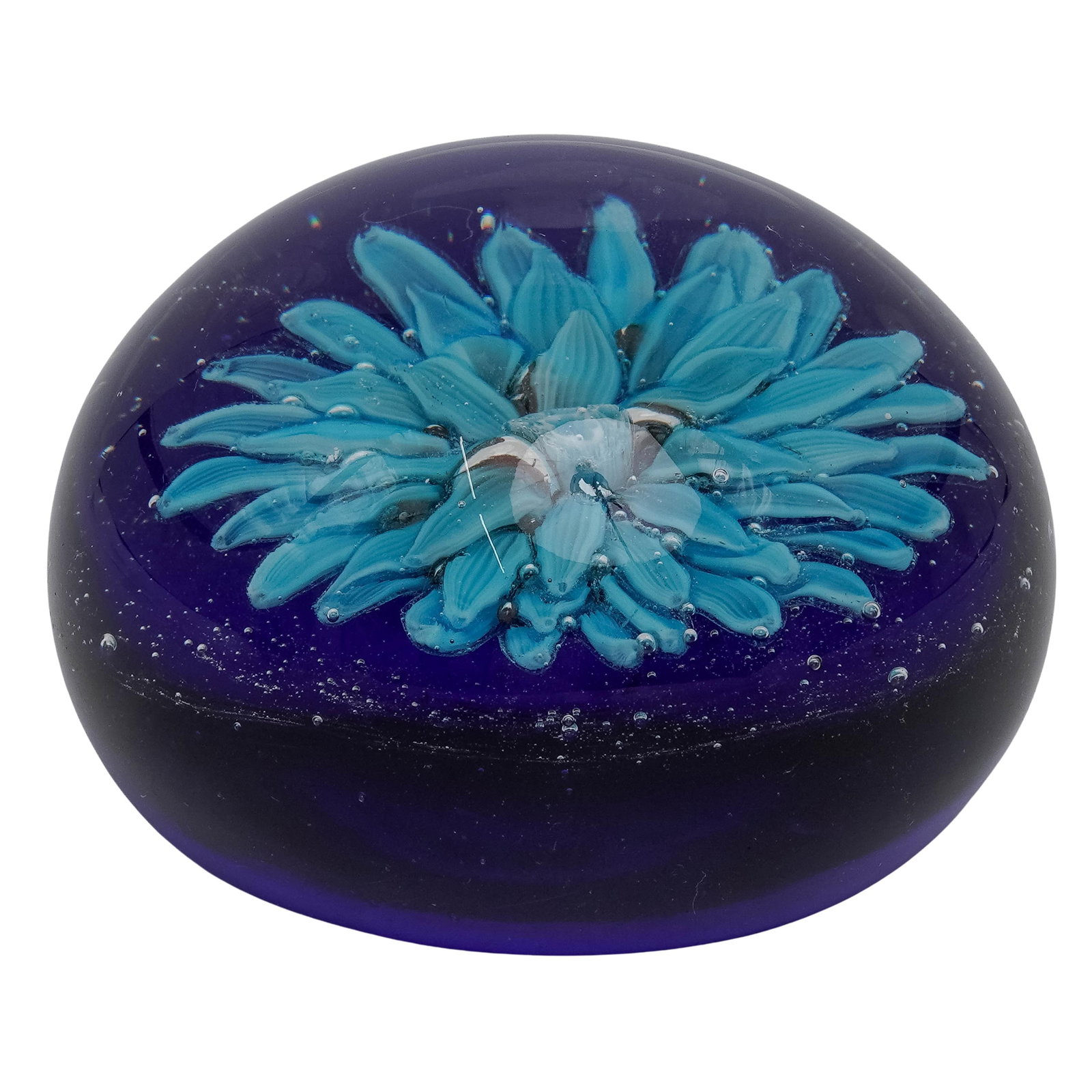 Murano Cobalt Blue Art Glass Flower Paperweight: Murano Cobalt Blue Art Glass Flower Paperweight 20th century, Italian Flower Paperweight features the inner flower in a light sky-blue, contrasted against a deep, translucent cobalt blue glass base.