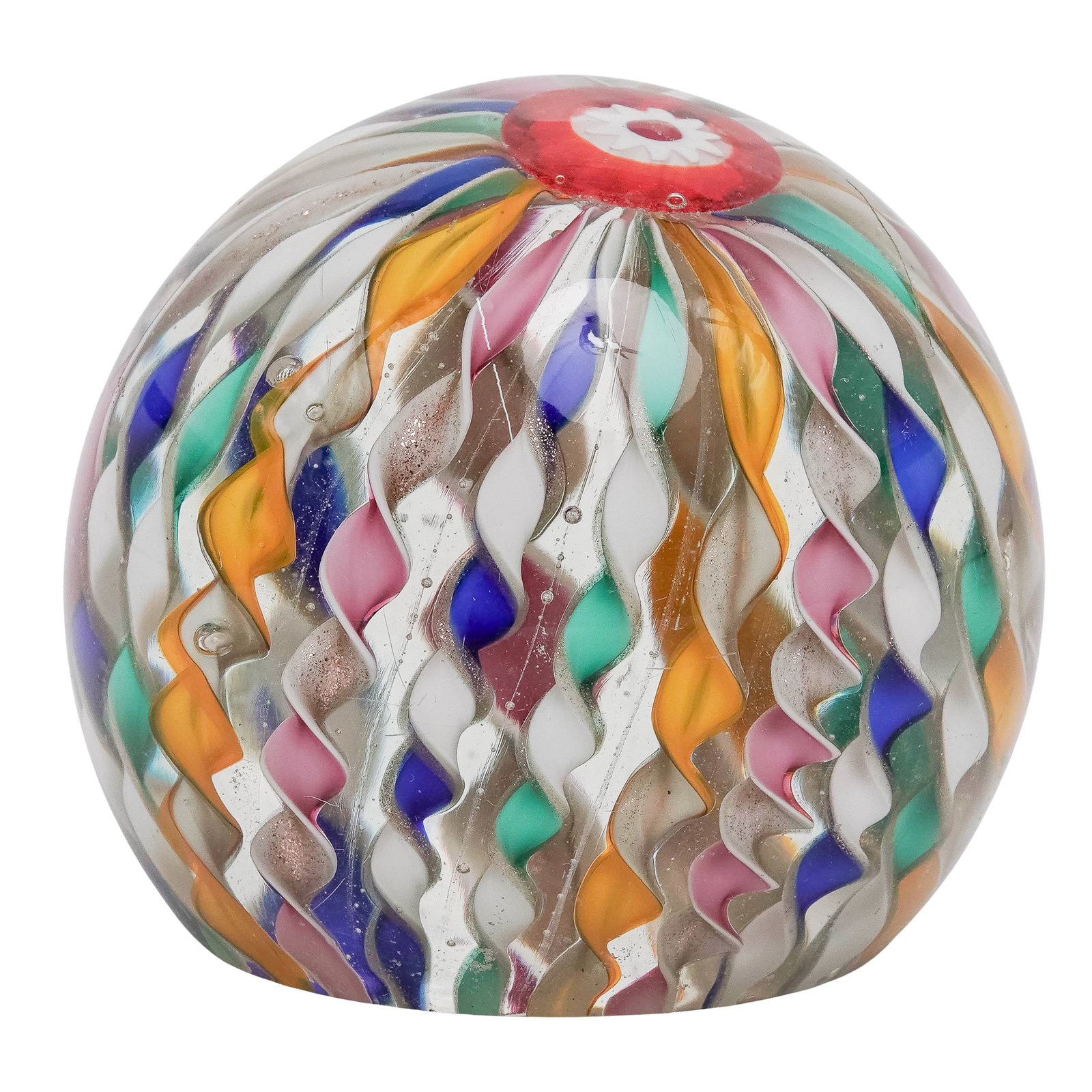 Fratelli Toso Murano Ribbon Murano Glass Paperweight: Fratelli Toso Murano Ribbon Murano Glass Paperweight c. 1950s-60s, Italian Murano spherical multicolored ribbon glass paperweight features vertical, twisted ribbons of color wrapping around the