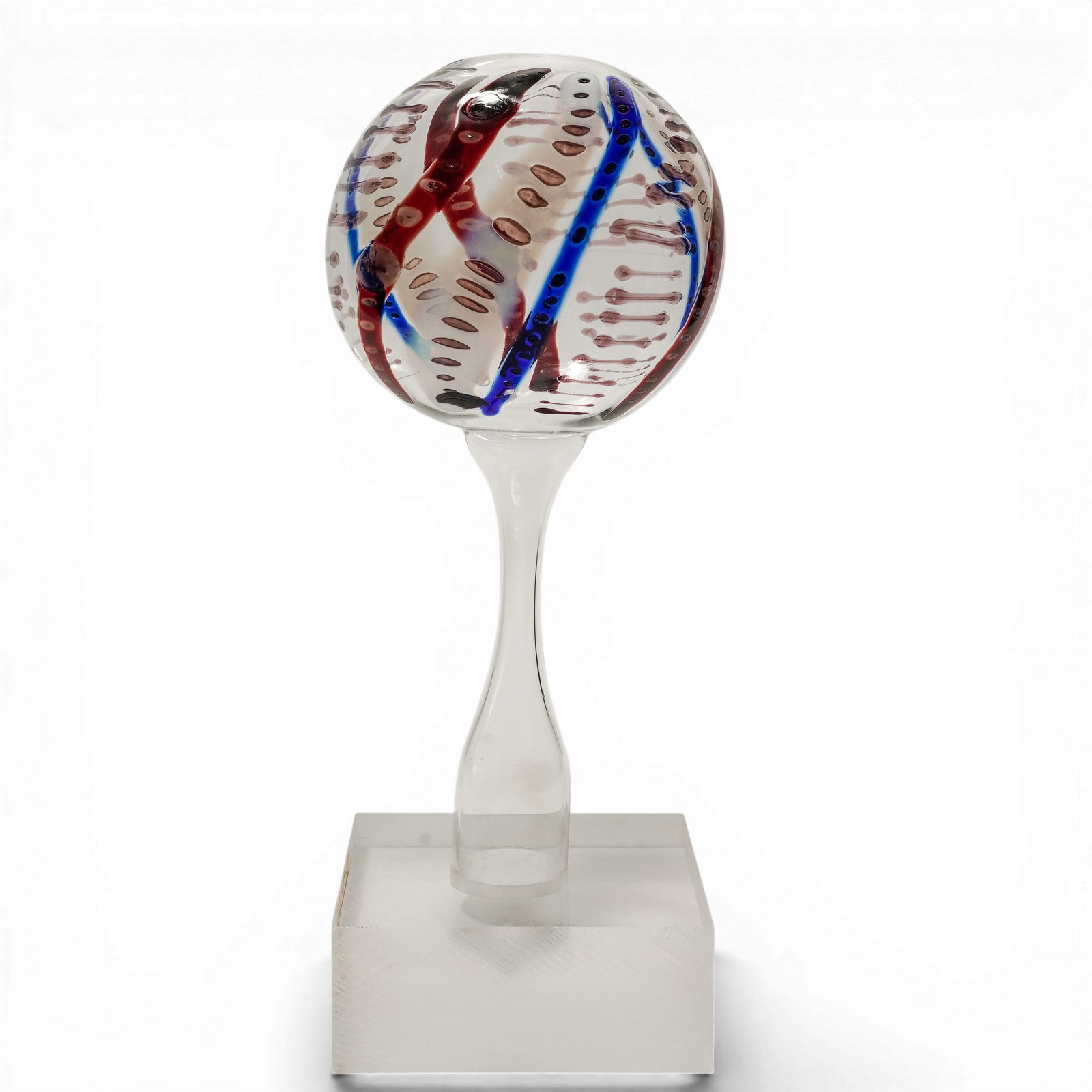 Frederick Birkhill (Amer., 1951-2023) Hand Blown Glass Sphere: Frederick Birkhill (Amer., 1951-2023) Hand Blown Glass Sphere 1986, American A hand-blown glass sphere with red, blue, and white detailing affixed to a lucite base. Signed on base "Frederick Birkhill