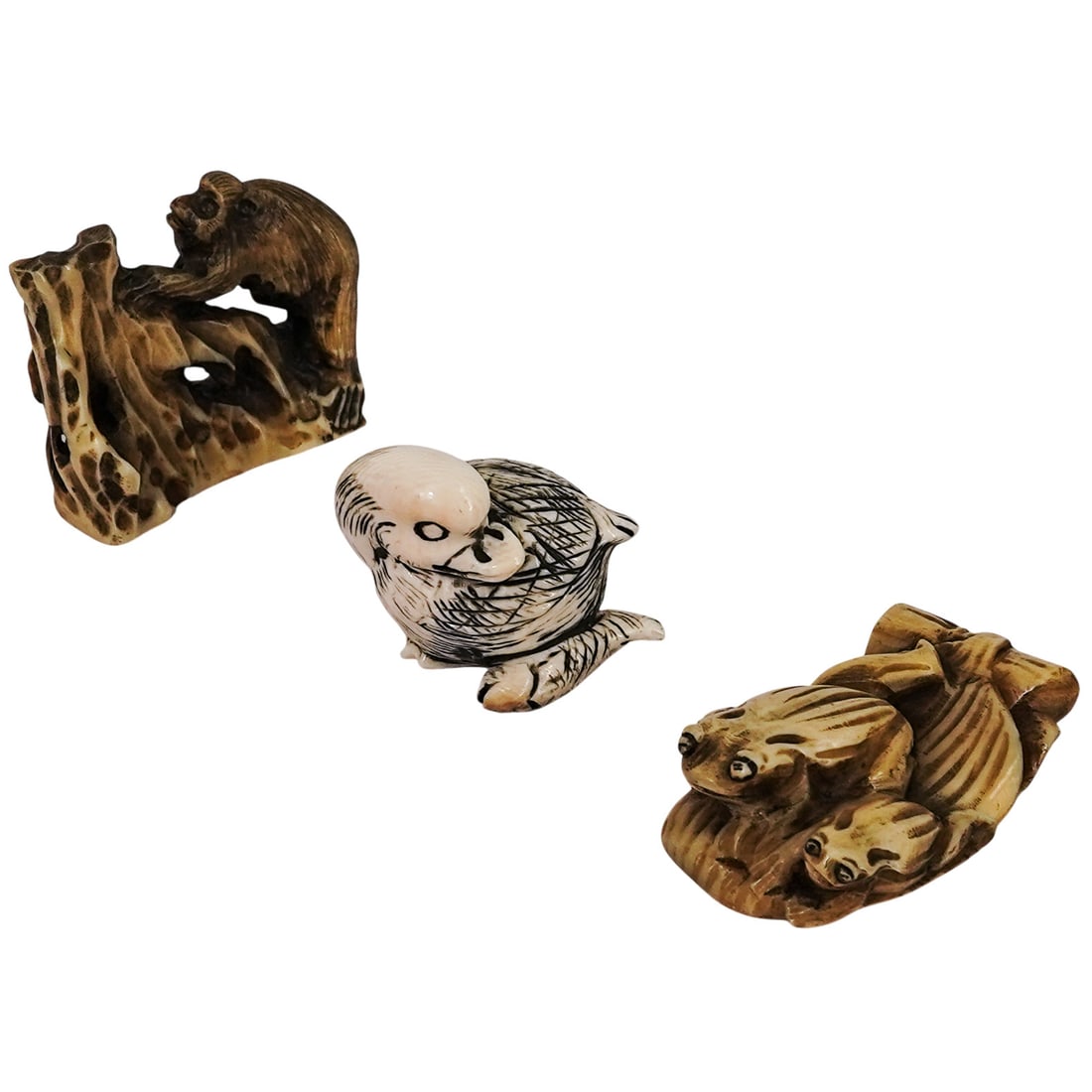 (3 pc) Antique Japanese Carved Bone Frog, Monkey, & Duck Netsukes (1 of 7)