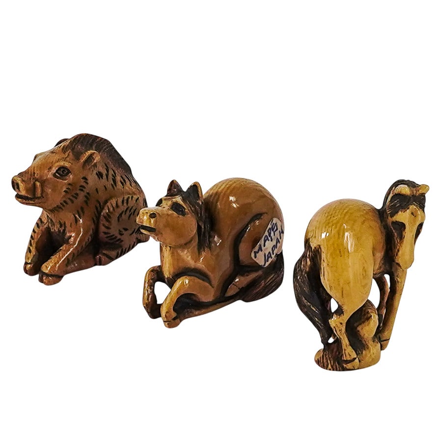 (3 pc) Antique Japanese Carved Bone Horses & Boar Netsukes (1 of 9)
