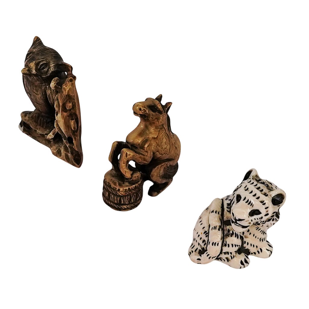 (3 pc) Antique Japanese Carved Bone Tiger, Horse, & Owl Netsukes (1 of 8)