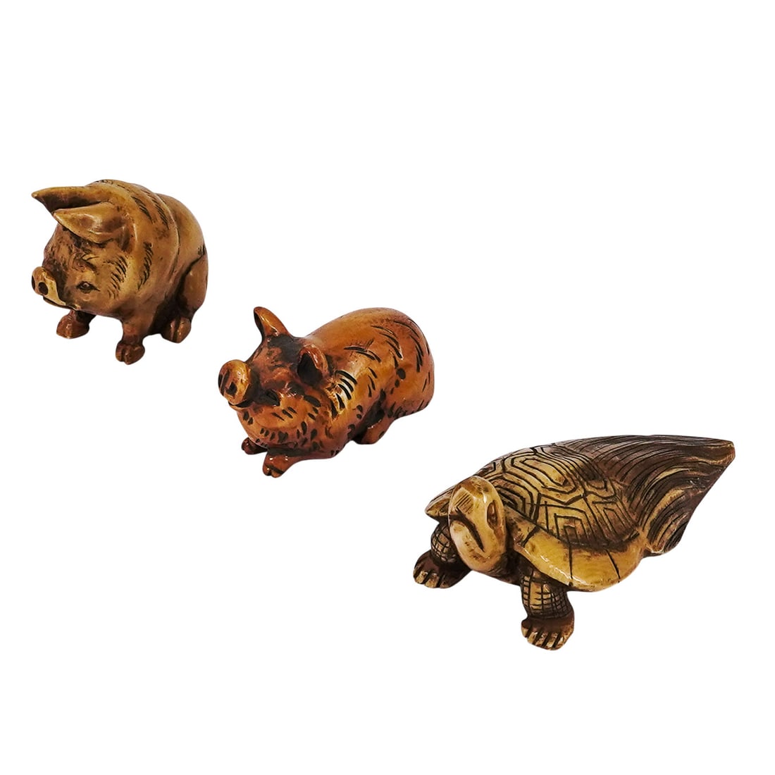 (3 pc) Antique Japanese Carved Bone Pig & Turtle Netsukes (1 of 8)