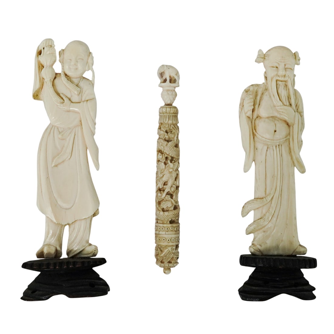(3 pc) Grouping of Carved Bone Figurines & Needle Case (1 of 8)