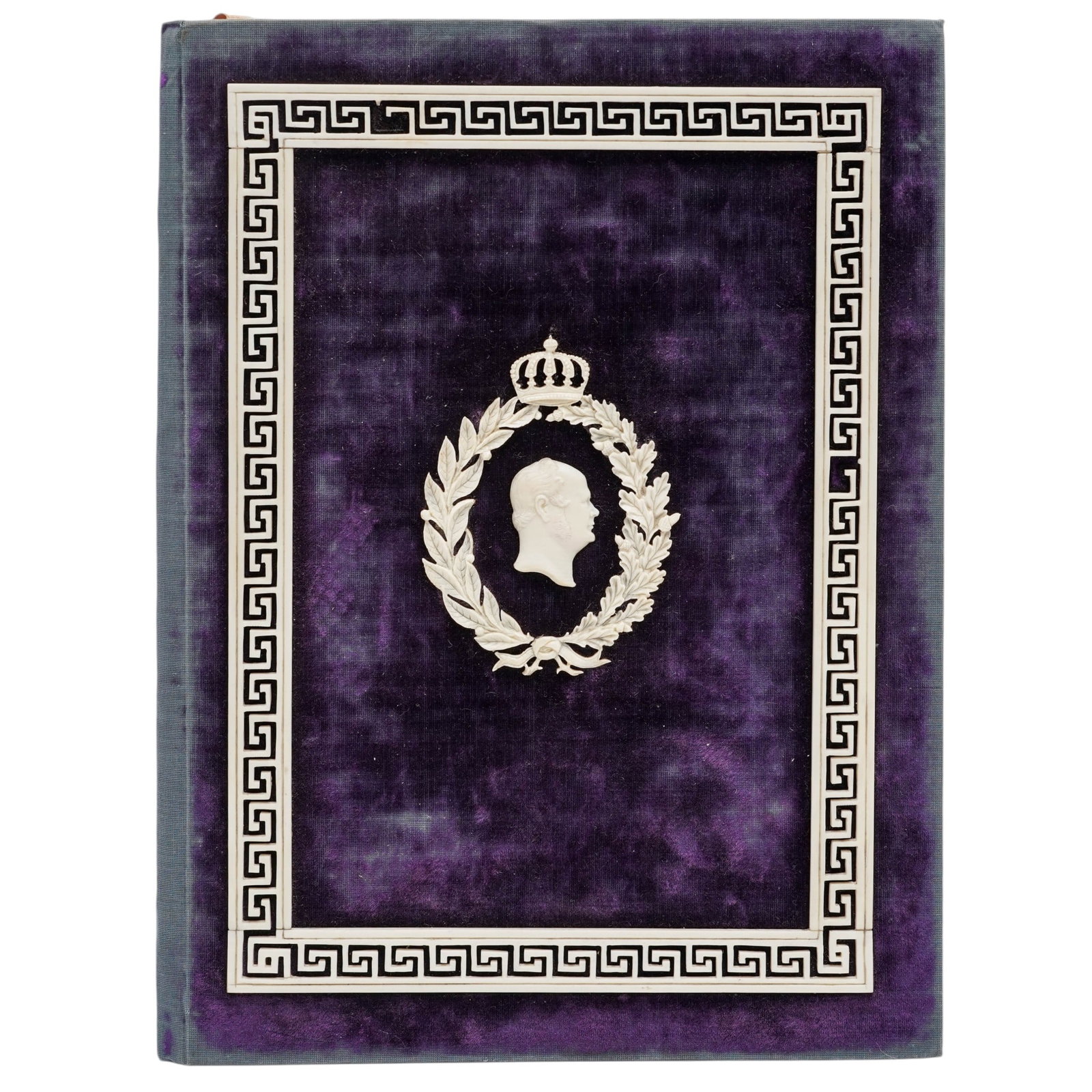 Antique Austrian Purple Velvet & Bone Portfolio Case: Antique Austrian Purple Velvet & Bone Portfolio Case 19th Century, Austria Antique Austrian purple velvet portfolio case featuring bone inlay Greek key decoration and a classical profile medallion