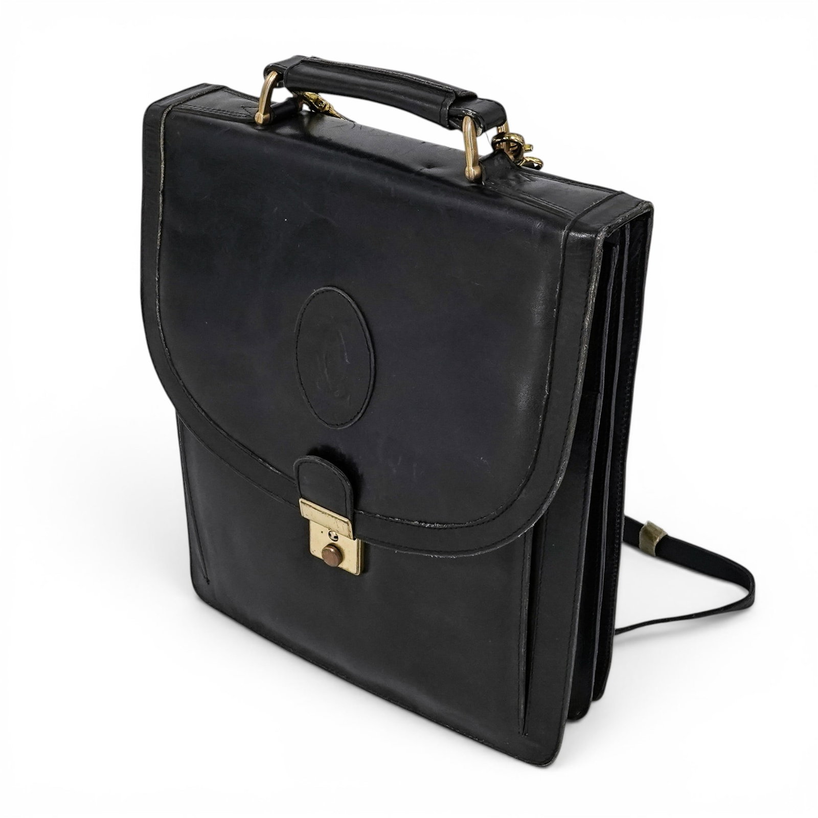 Vintage Cartier 'Must de Cartier' Black Leather Document Portfolio: Vintage Cartier 'Must de Cartier' Black Leather Document Portfolio Late 20th Century, France Vintage Cartier “Must de Cartier” Black Leather Document Portfolio with embossed Cartier logo to