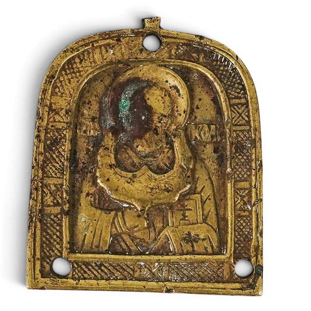 Russian Orthodox Cast Brass Icon Plaque of Saint Nicholas: Russian Orthodox Cast Brass Icon Plaque of Saint Nicholas 19th Century, Russian Russian Orthodox cast brass devotional plaque depicting Saint Nicholas the Wonderworker in bust-length blessing pose, ri