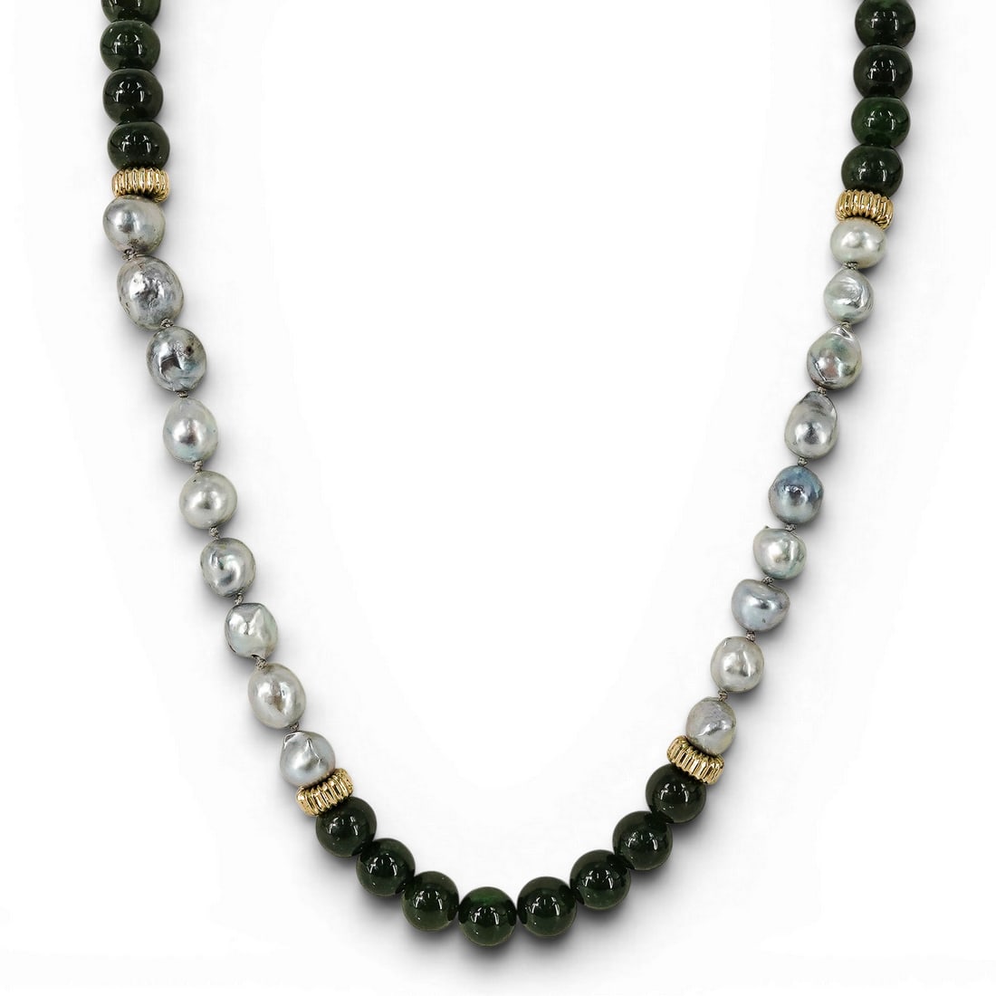Vintage 10k Gold Spinach Jade & Grey Baroque Pearl Long Necklace (1 of 5)