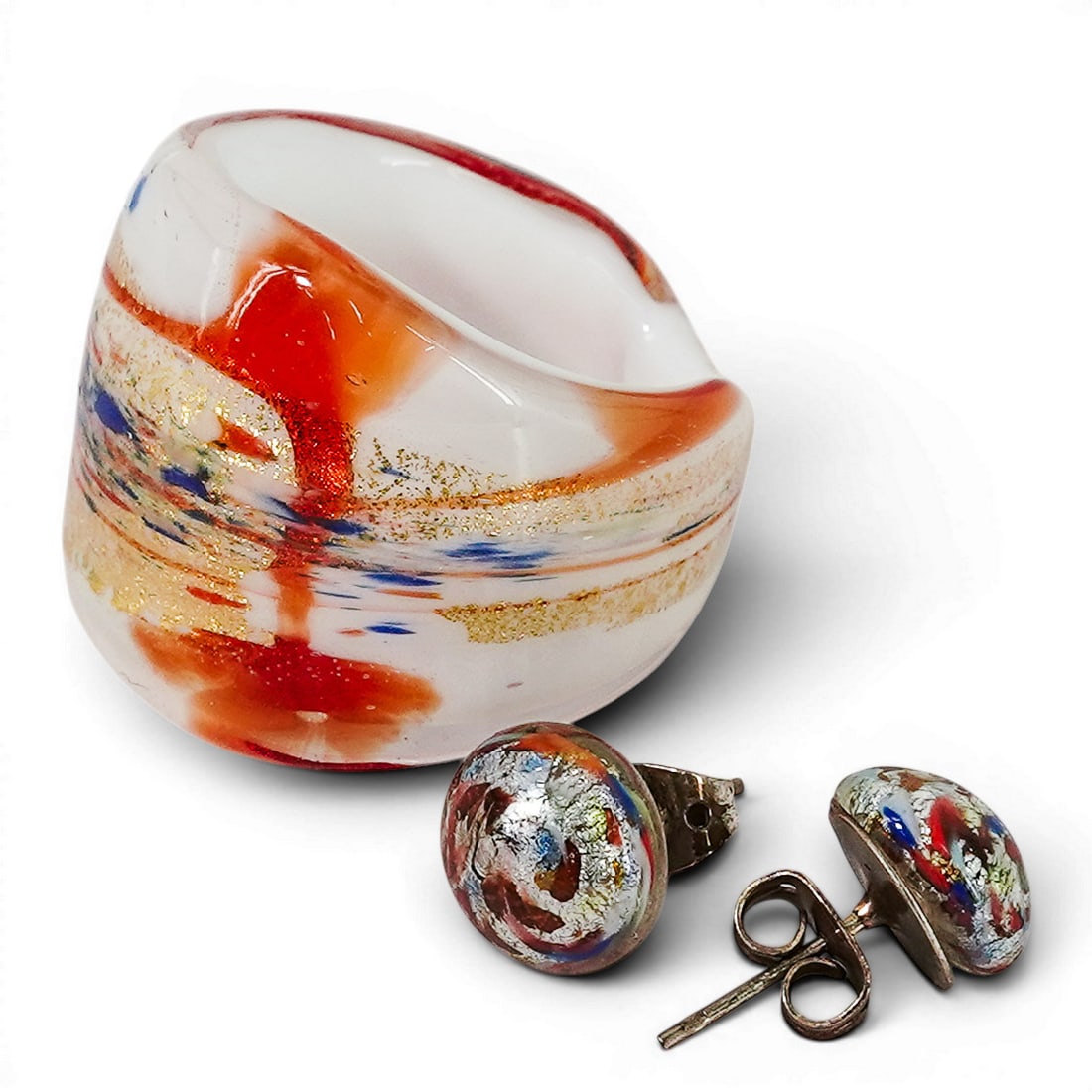 (3 pc) Vintage Murano Glass Gilt Silver Confetti Earrings & Ring (1 of 5)