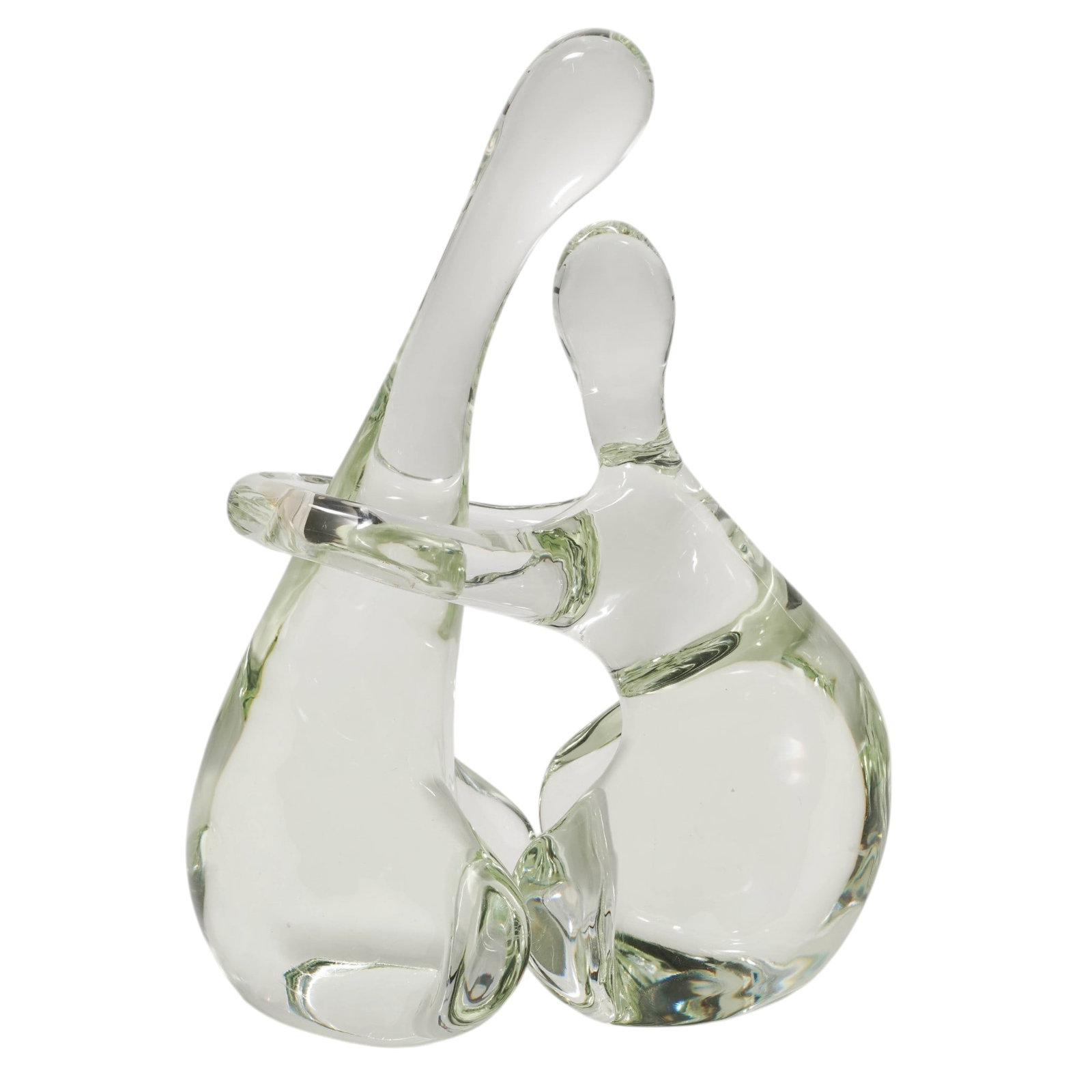 Murano "Lovers" Clear Glass Sculpture: Murano "Lovers" Clear Glass Sculpture Mid 20th Cent. Italian A mid-20th-century Murano glass sculpture depicting two abstract figures intertwined in a fluid embrace. Crafted from heavy, solid clear