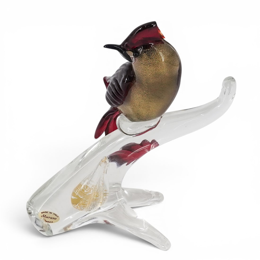 Murano Gold Fleck Glass Cardinal Sculpture: Murano Gold Fleck Glass Cardinal Sculpture Mid-20th Century, Italy Vintage Murano glass cardinal sculpture featuring a ruby red crest, wings, and tail with aventurine gold fleck body and black beak