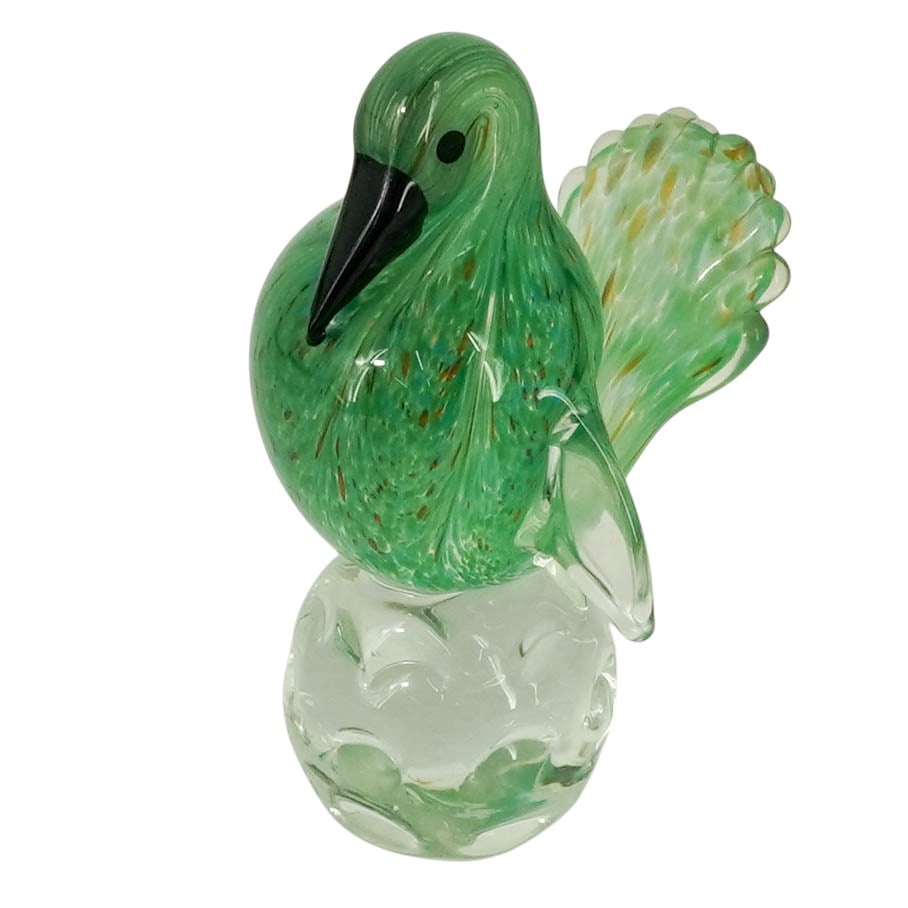 Murano Green Glass Bird Sculpture: Murano Green Glass Bird Sculpture Mid-20th Century, Italy Hand-blown Murano glass bird sculpture in bright green tones with aventurine-style fleck decoration, black beak, and clear applied wings and