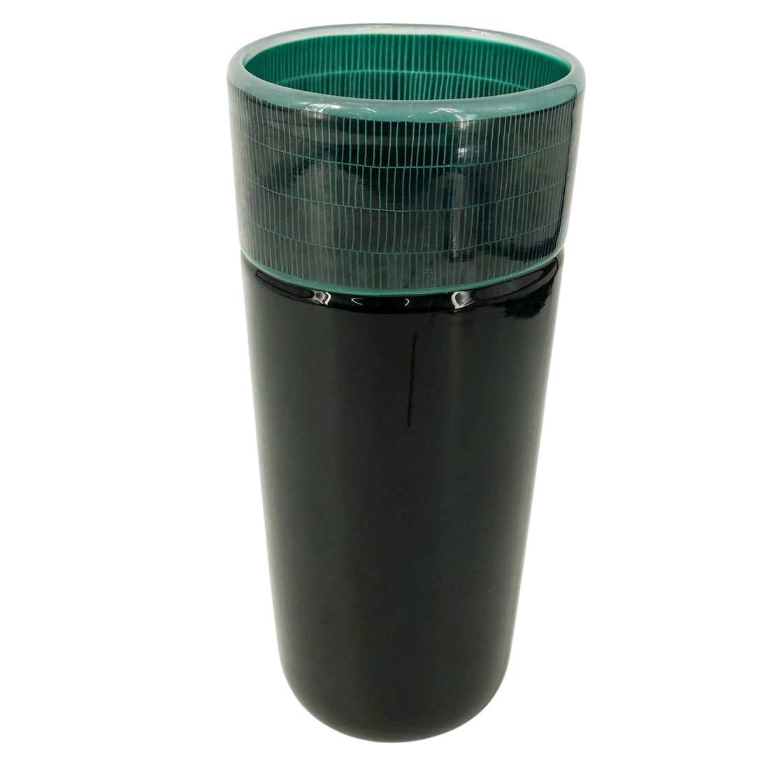 Signed Murano Black & Teal Glass Vase: Signed Murano Black & Teal Glass Vase 20th century , Italian The tall, cylindrical vase tapering slightly toward the base. Deep glossy black on the bottom section and a vibrant teal-green on the top