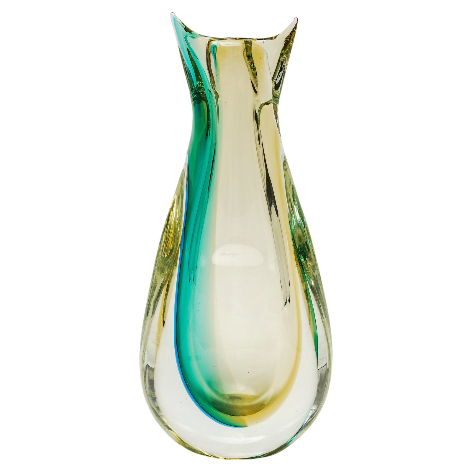 Vintage Green & Amber Murano Sommerso Vase: Vintage Green & Amber Murano Sommerso Vase Late 20th Century, Italy Vintage green & amber Murano sommerso vase with elongated freeform silhouette and internally cased green and amber glass