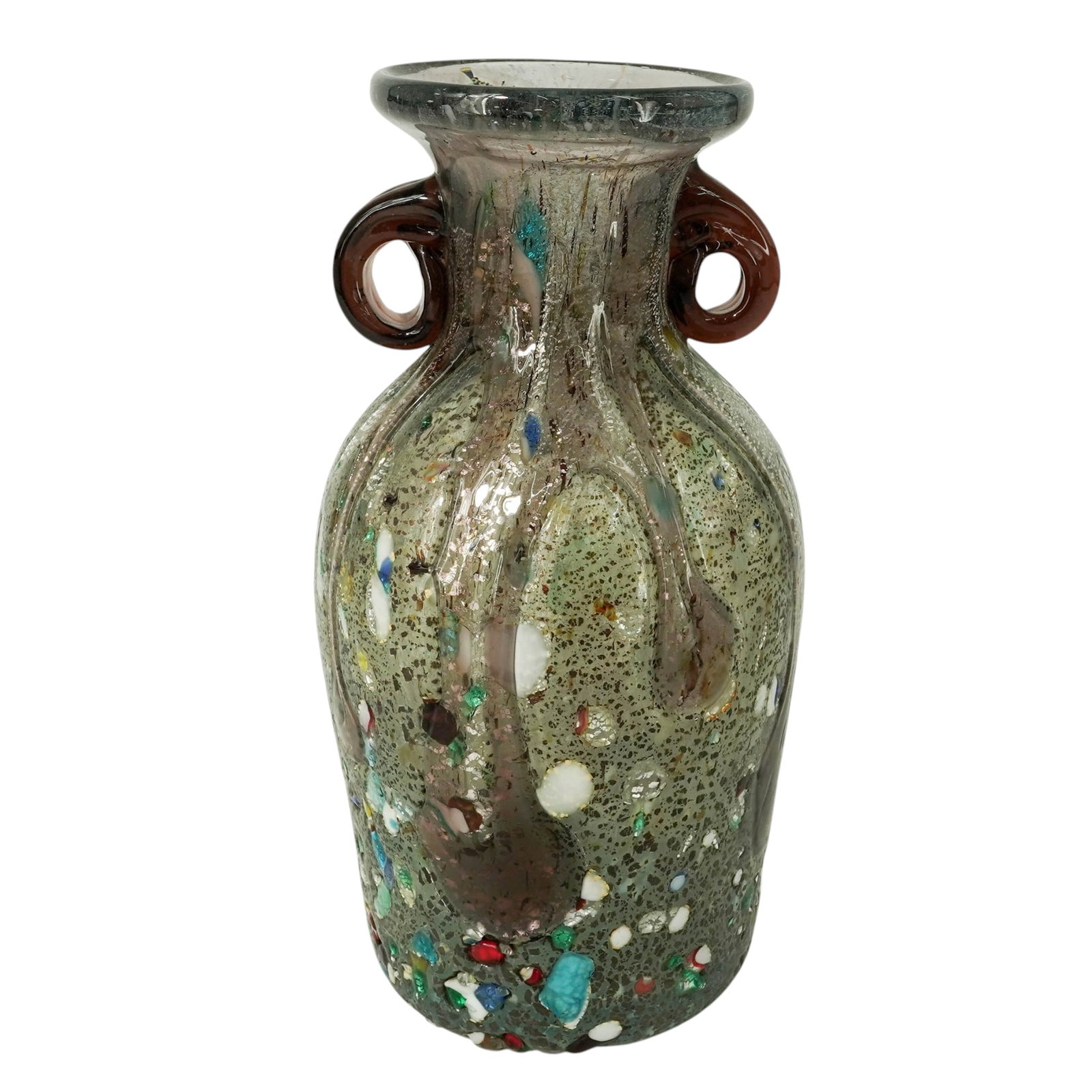 Vintage Murano Tutti Frutti Glass Vase: Vintage Murano Tutti Frutti Glass Vase Mid-20th Century, Italy Vintage Murano tutti frutti art glass vase featuring a bulbous form with flared rim and applied loop handles. Decorated with multicolor c