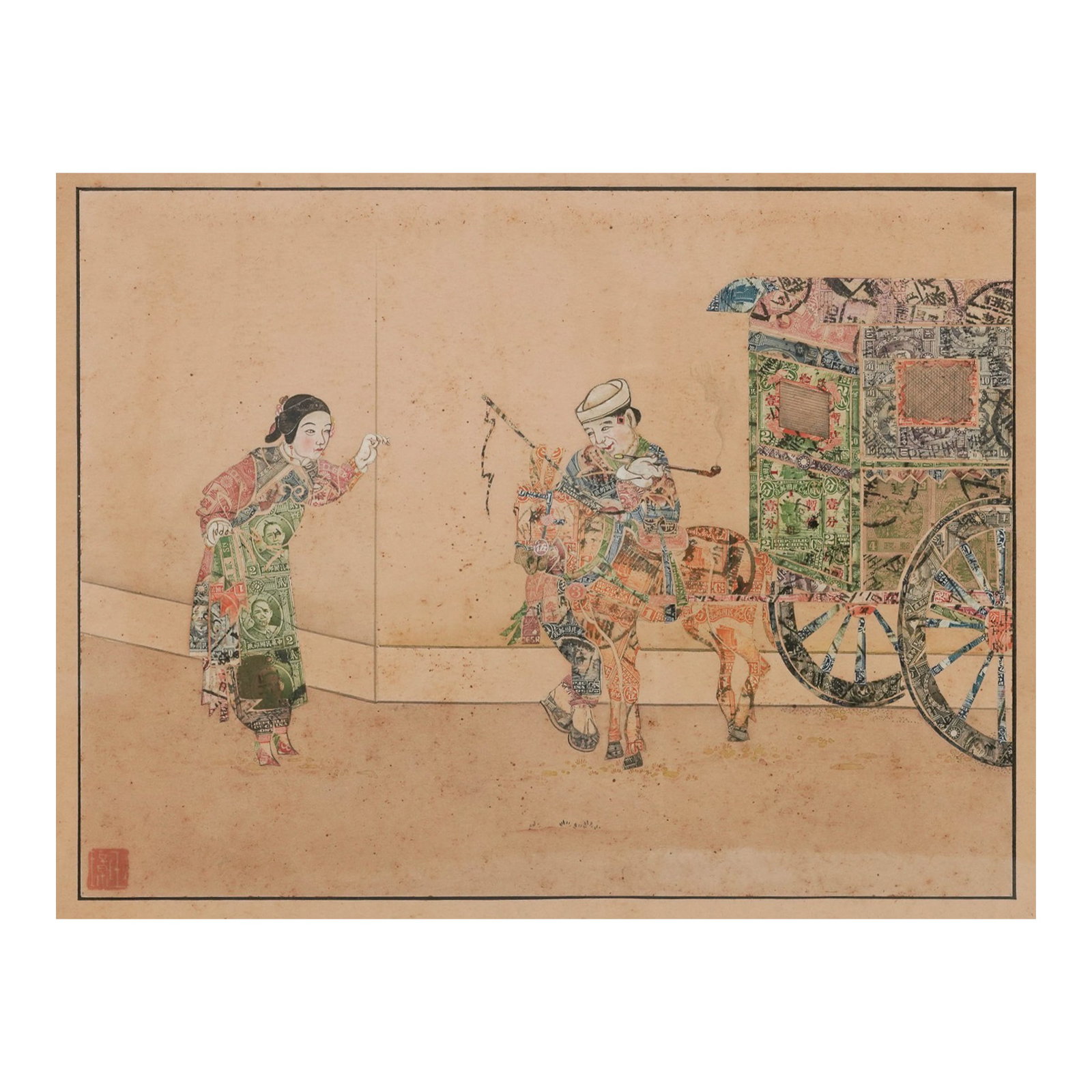 Antique Chinese Ink & Decoupage on Paper Painting (1 of 9)