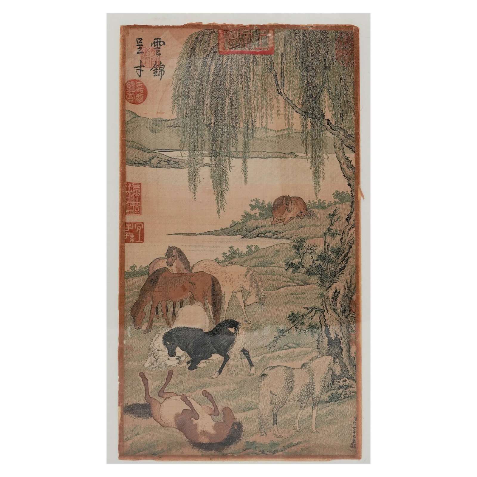 After Lang Shining (Italian, 1688-1766) Chinese '8 Horses' Framed Embroidery (1 of 9)