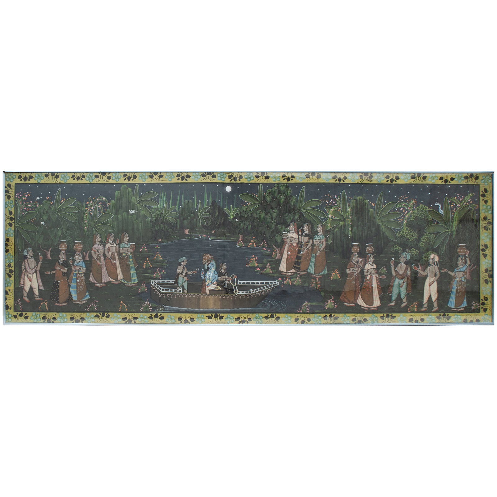 Indian Mughal-Style Silk Painting of Festive Procession: Indian Mughal-Style Silk Painting of Festive Procession 20th cent., likely India Indian Mughal-style silk painting depicting a vibrant festive procession rendered with intricate detail and rich