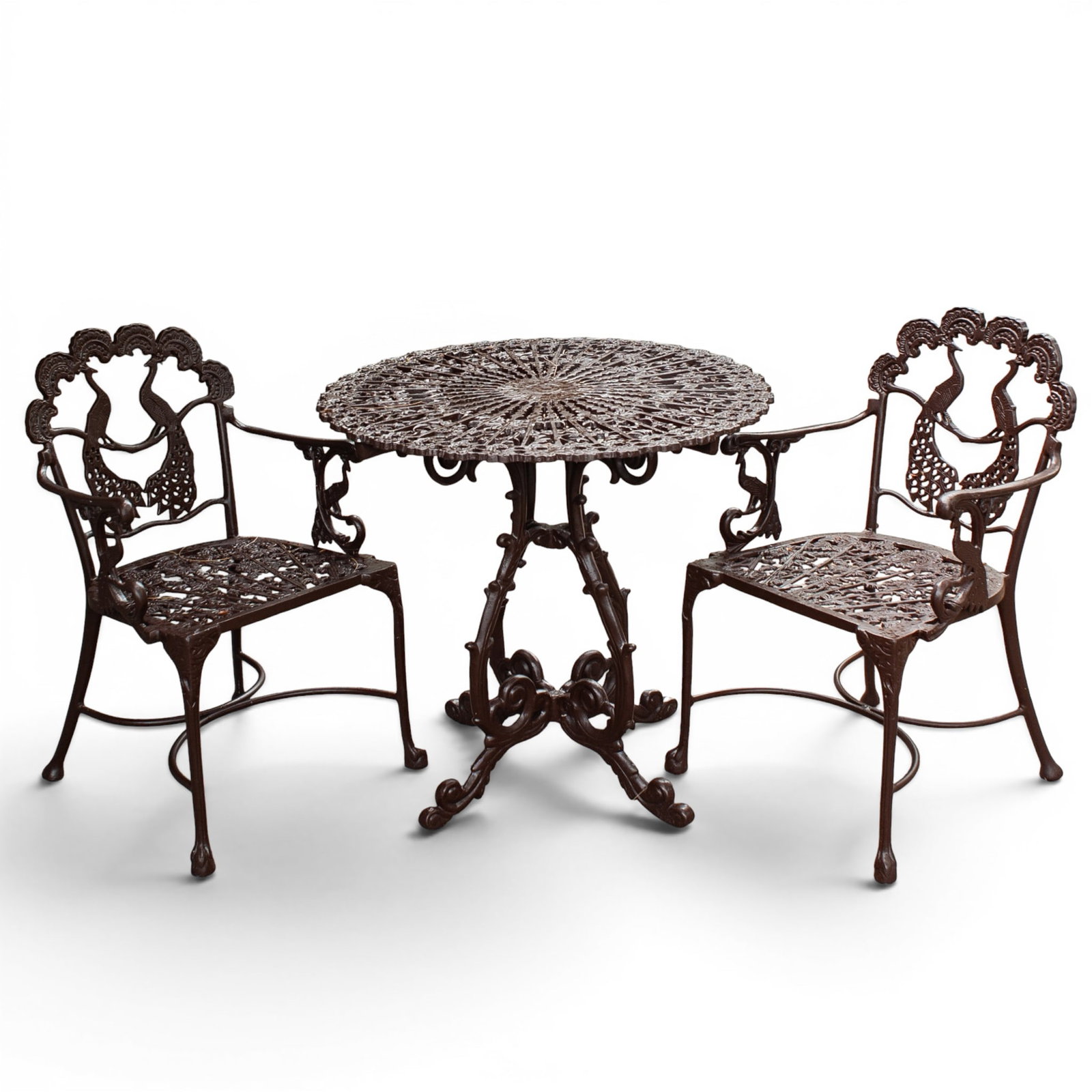 (3 pc) Vintage Cast Aluminum Peacock Patio Table & Chairs Set (1 of 15)