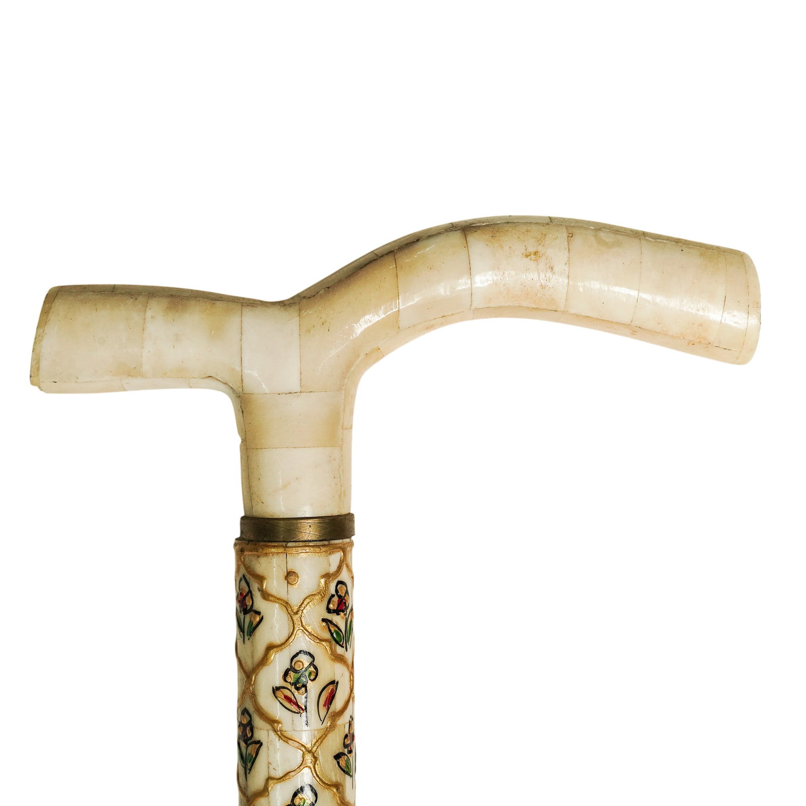 Carved Polished Bone Brass & Enamel Walking Cane: Carved Polished Bone Brass & Enamel Walking Cane 20th century, Asian Walking stick is decorated in a traditional South Asian Minakari style enamel work. It features the white background with an