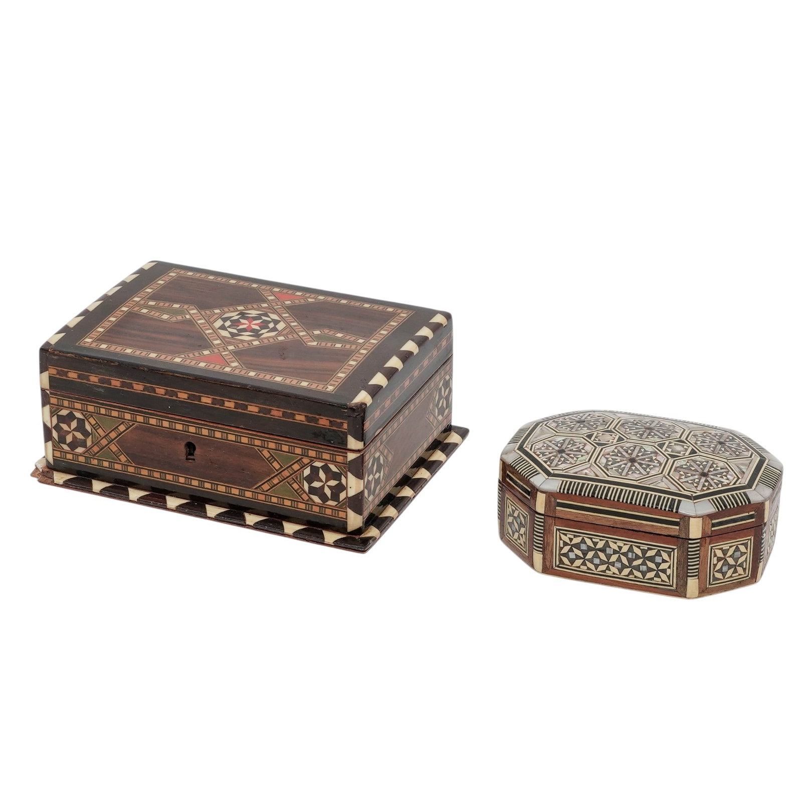 (2 pc) Vintage Moorish Marquetry & Mother-Of-Pearl Inlaid Trinket Boxes: (2 pc) Vintage Moorish Marquetry & Mother-Of-Pearl Inlaid Trinket Boxes Mid-20th Century, Spain Includes a rectangular jewelry box and an octagonal form box, both richly decorated with intricate