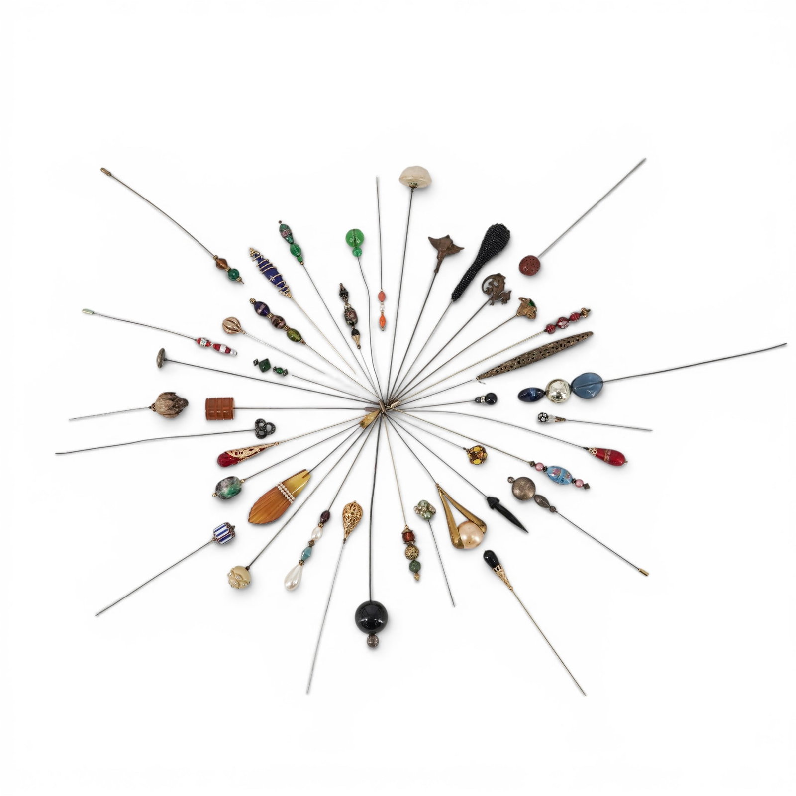 Large Collection of Vintage Hat Pins: Large Collection of Vintage Hat Pins 20th Century Large collection of vintage hat pins featuring an assortment of Art Deco, Victorian, and mid-century styles with glass, enamel, metal, rhinestone,