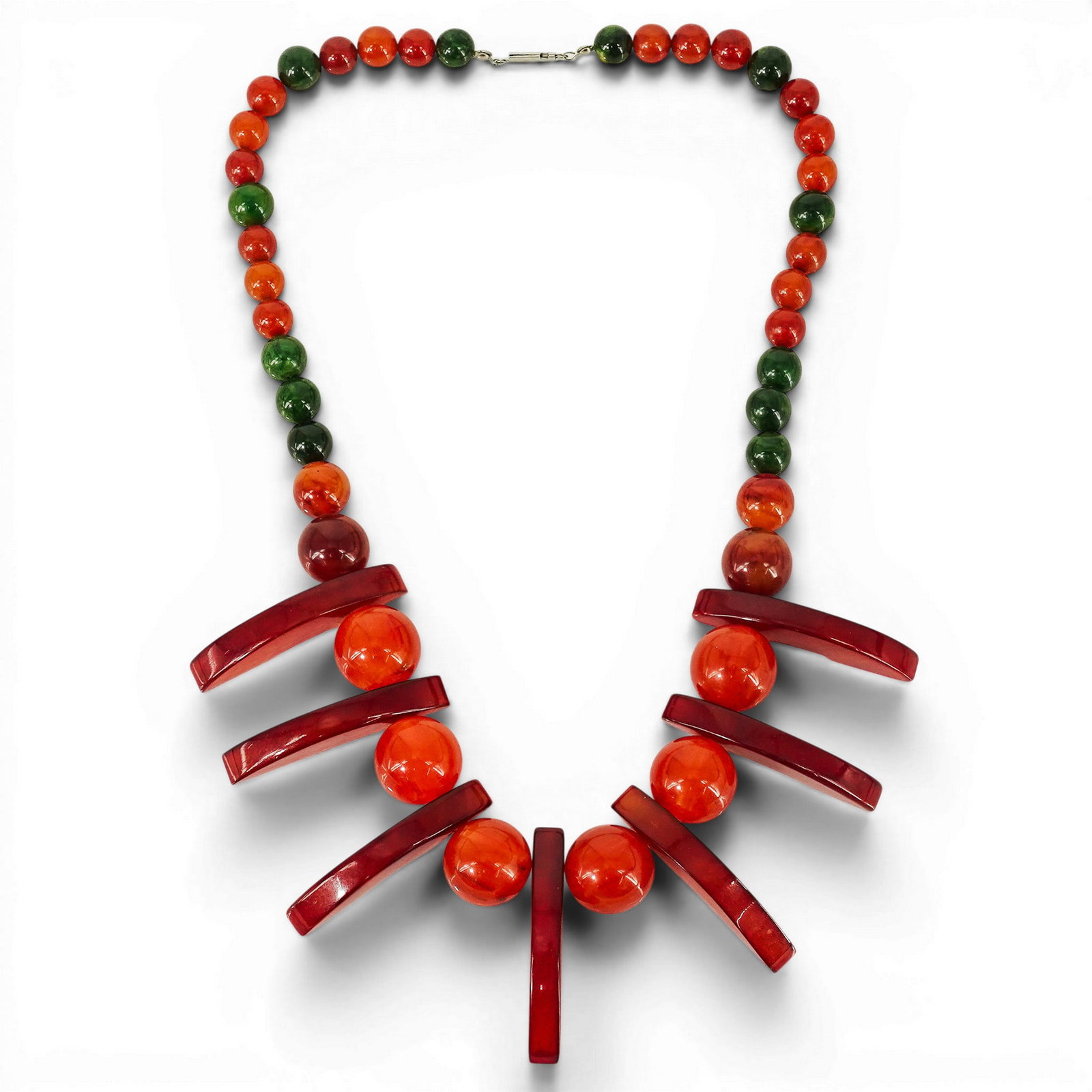 Vintage Cherry Bakelite & Marbled Bead Bib Necklace: Vintage Cherry Bakelite & Marbled Bead Bib Necklace 1970s-1980s Statement Bakelite-style phenolic resin bib necklace, the front section composed of eight curved cherry red Bakelite bar/wedge elements