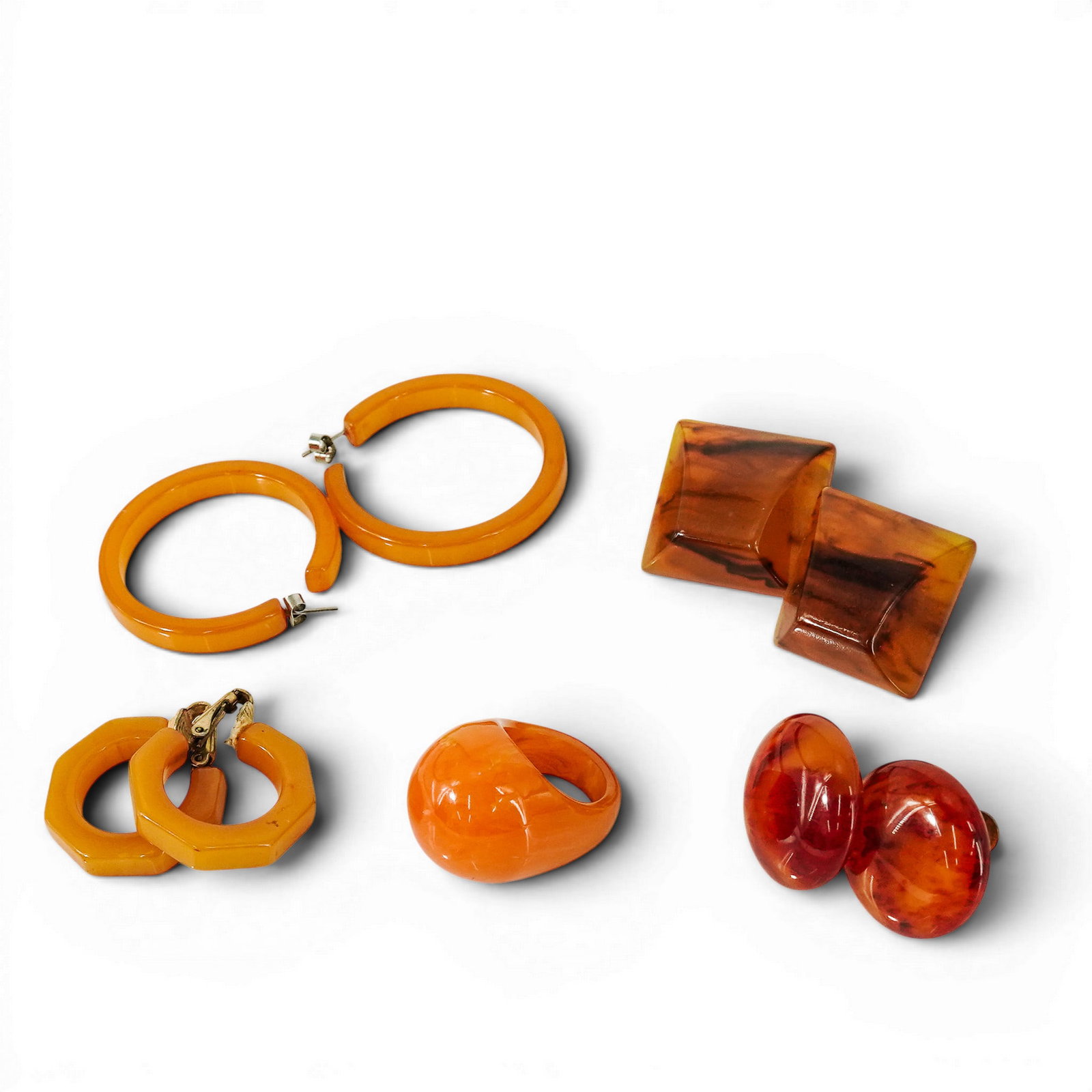 (5 pc) Vintage Yellow & Amber Bakelite Earrings and Ring Collection (1 of 7)