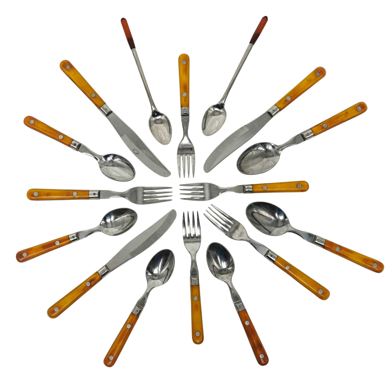 (16 pc) Group of Bakelite Stainless Flatware: (16 pc) Group of Bakelite Stainless Flatware Mid-20th Century, Korea Includes “Mardi Gras-Midas” stainless hollow knives, spoons, and forks by Washington Forge, marked “Stainless
