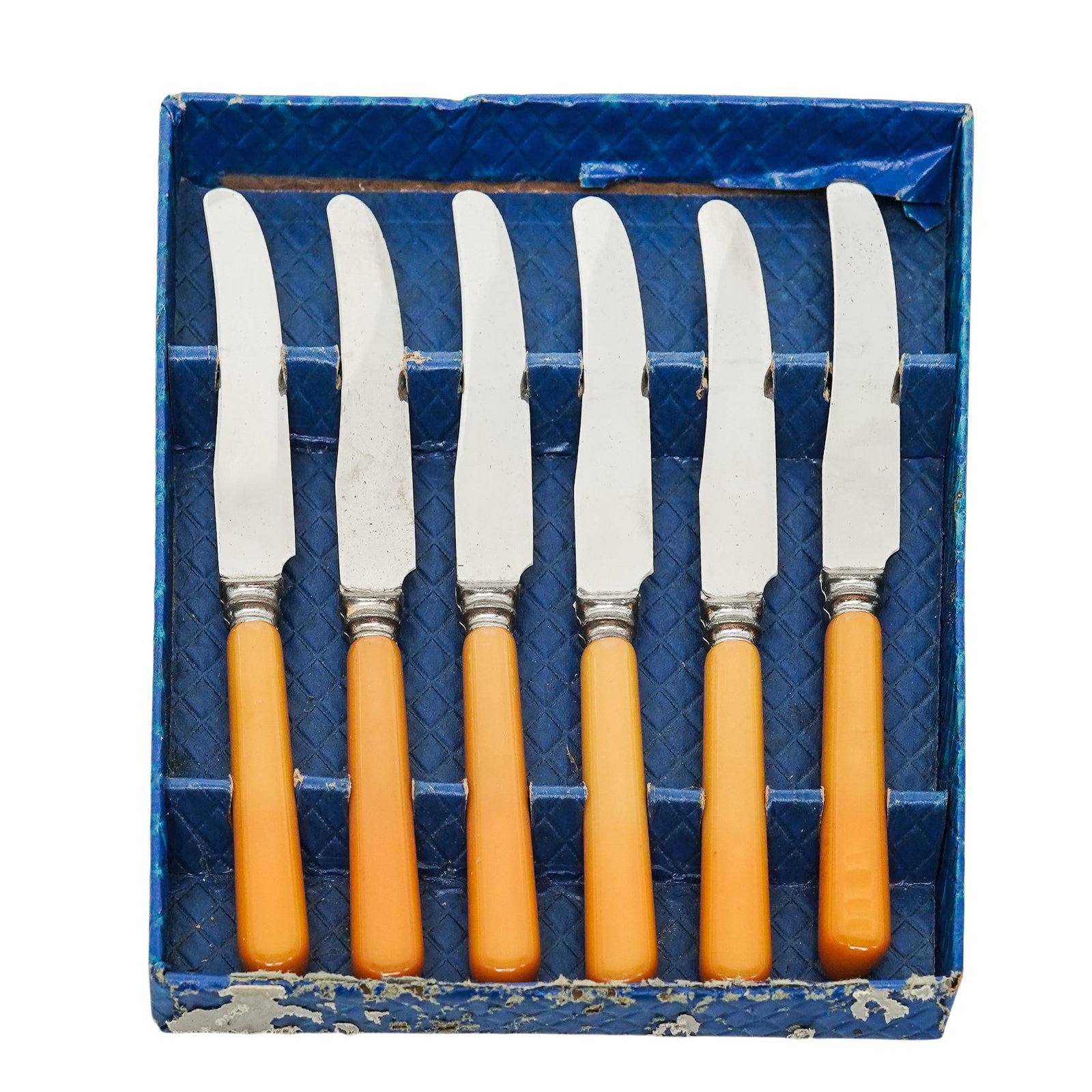 (6 pc) Vintage Dinkee Spreading Knives Set: (6 pc) Vintage Dinkee Spreading Knives Set Mid-20th Century, Canada Mid-century stainless steel spreading knives by the Glo-Hill Company of Montreal, Canada, featuring butterscotch yellow Bakelite