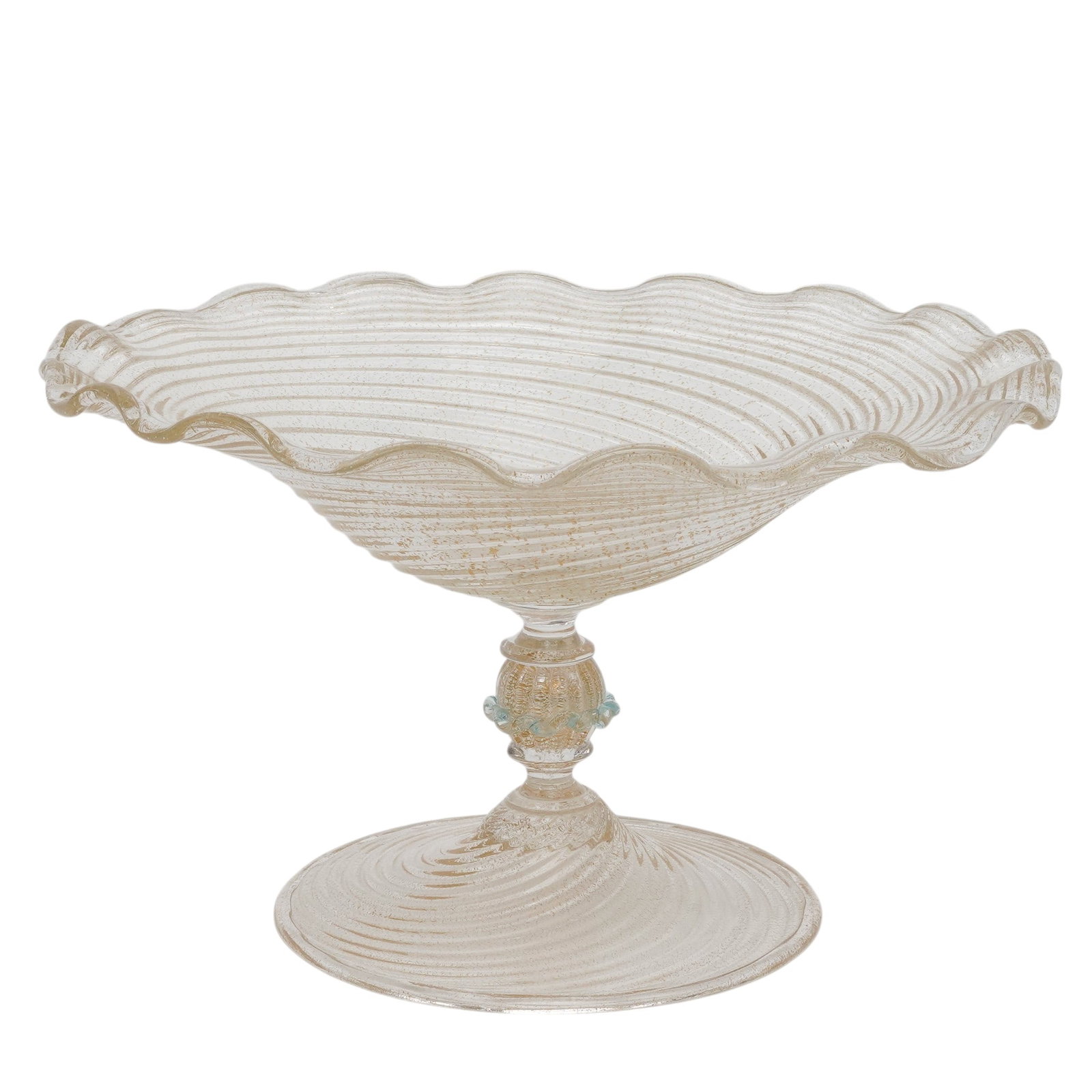 Vintage Murano Art Glass Glass Compote: Vintage Murano Art Glass Glass Compote 20th c., Italy Murano hand-blown glass pedestal dish with a wavy rim featuring gold aventurine inclusions and spiraling ribbed lines across the bowl and circular
