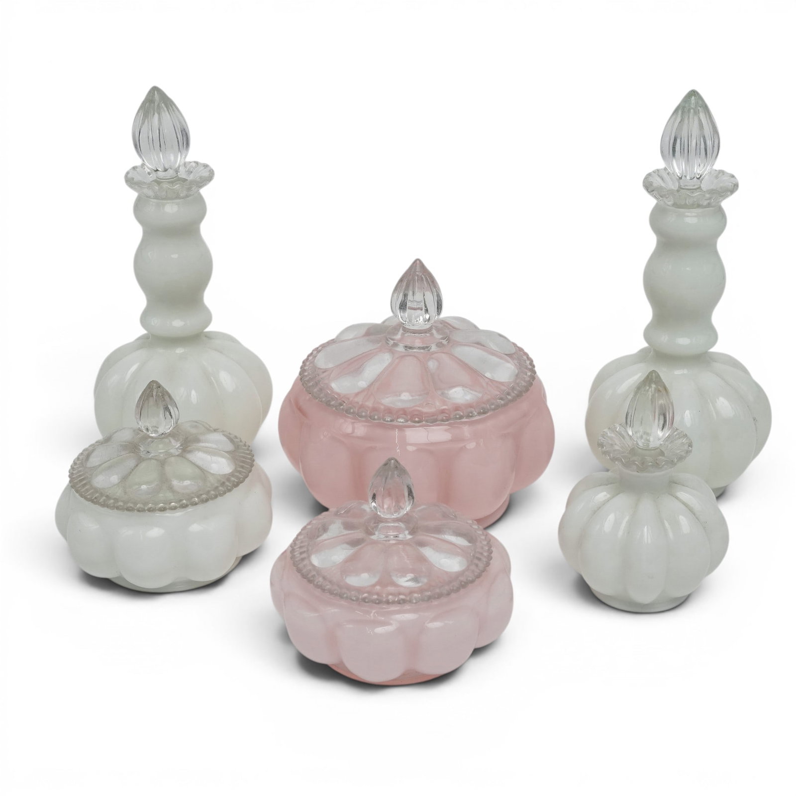 (6 Pc) Fenton Glass Melon Bottles & Jars: (6 Pc) Fenton Glass Melon Bottles & Jars Mid 20th c., USA (3) Silver Crest pattern white milk glass bottles featuring a ribbed melon shape with a clear ruffled glass edge along the rim and flame finia