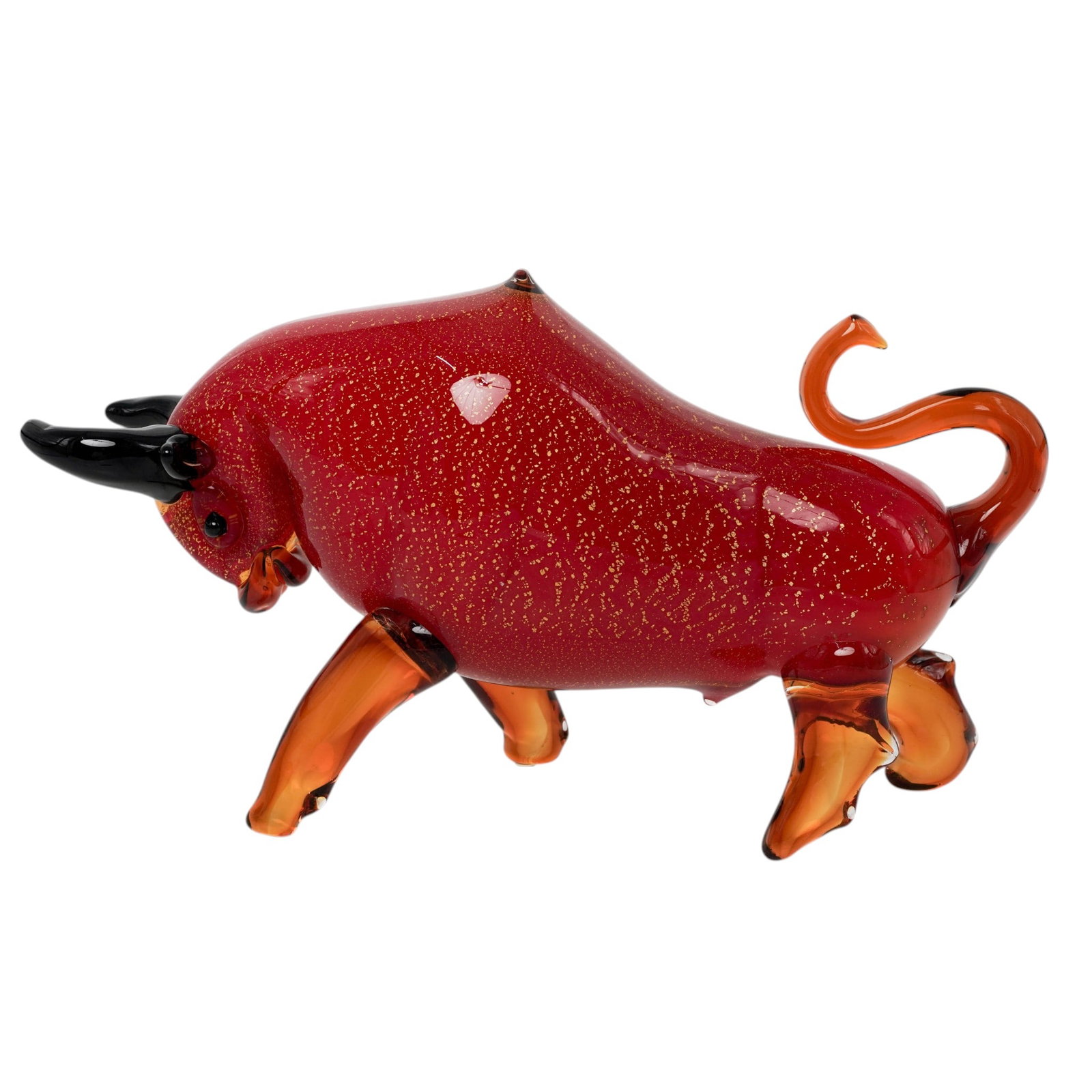 Murano Style Gold Fleck & Red Art Glass Bull: Murano Style Gold Fleck & Red Art Glass Bull Late 20th Century, USA Hand-blown Murano style art glass bull sculpture with vivid red body and aventurine gold fleck decoration, featuring amber glass leg