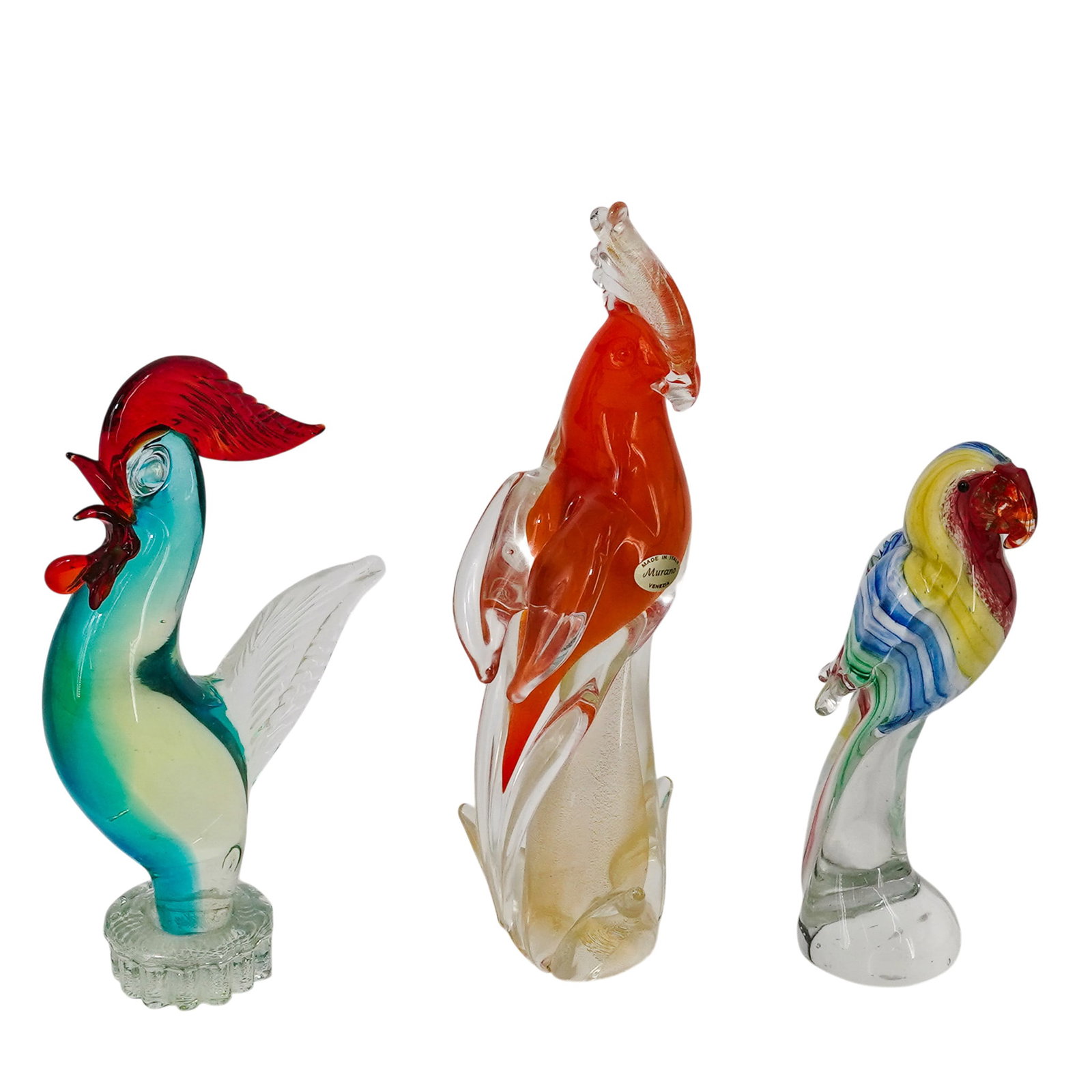 (3 pc) Murano Glass Cockatiel, Rooster, & Parrot Sculptures (1 of 10)