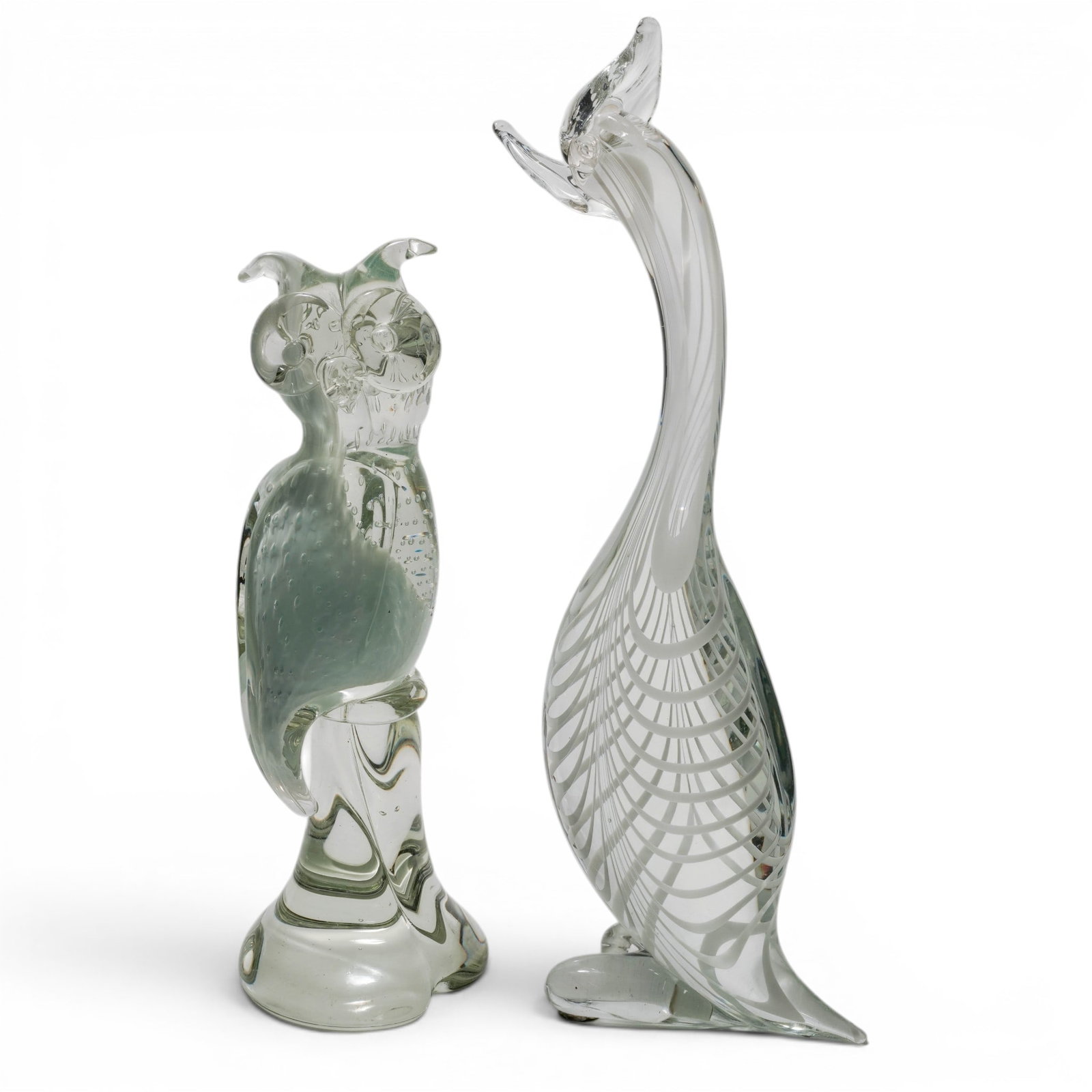 (2 pc) Murano Controlled Bubble Owl & Latticino Bird Glass Sculptures (1 of 8)